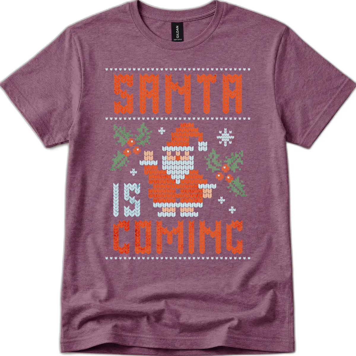 Santa Is Coming Ugly Christmas Sweater T-Shirt in Heather Maroon