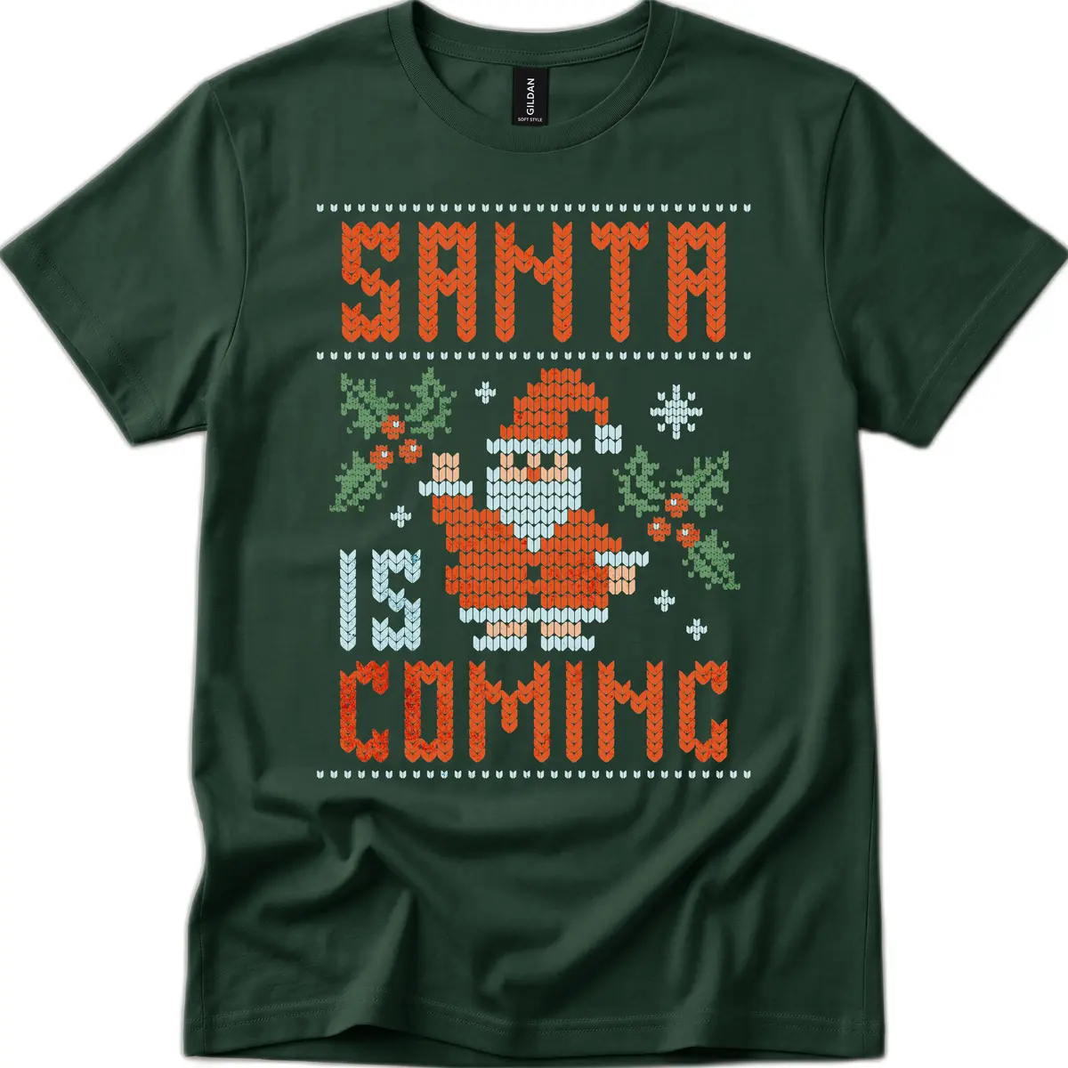 Santa Is Coming Ugly Christmas Sweater T-Shirt in Forest Green