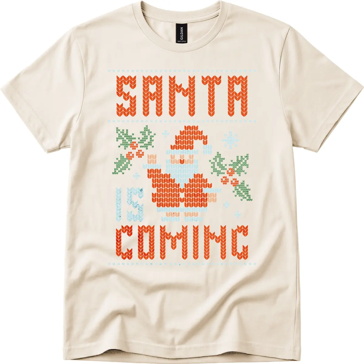 Santa Is Coming Ugly Christmas Sweater T-Shirt in Natural