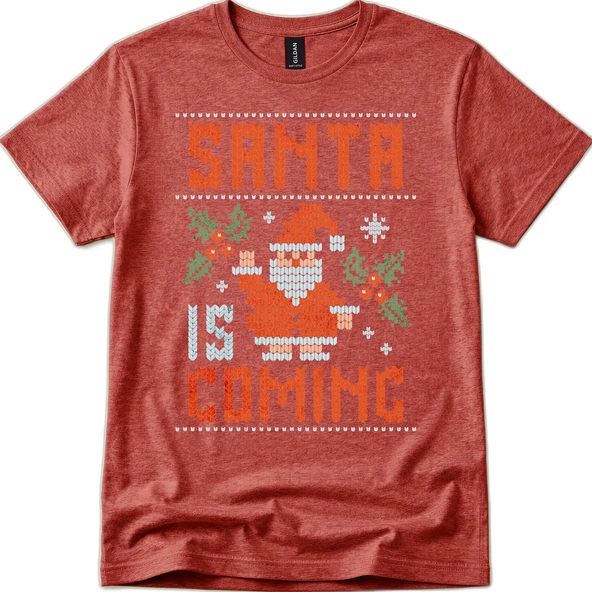 Santa Is Coming Ugly Christmas Sweater T-Shirt in Heather Cardinal