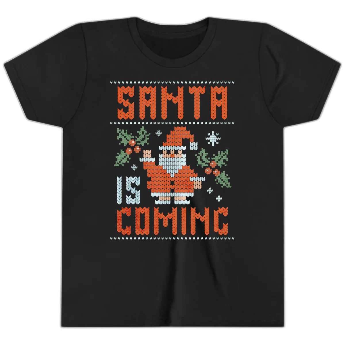 Santa Is Coming Ugly Christmas Sweater Youth T-Shirt in Black