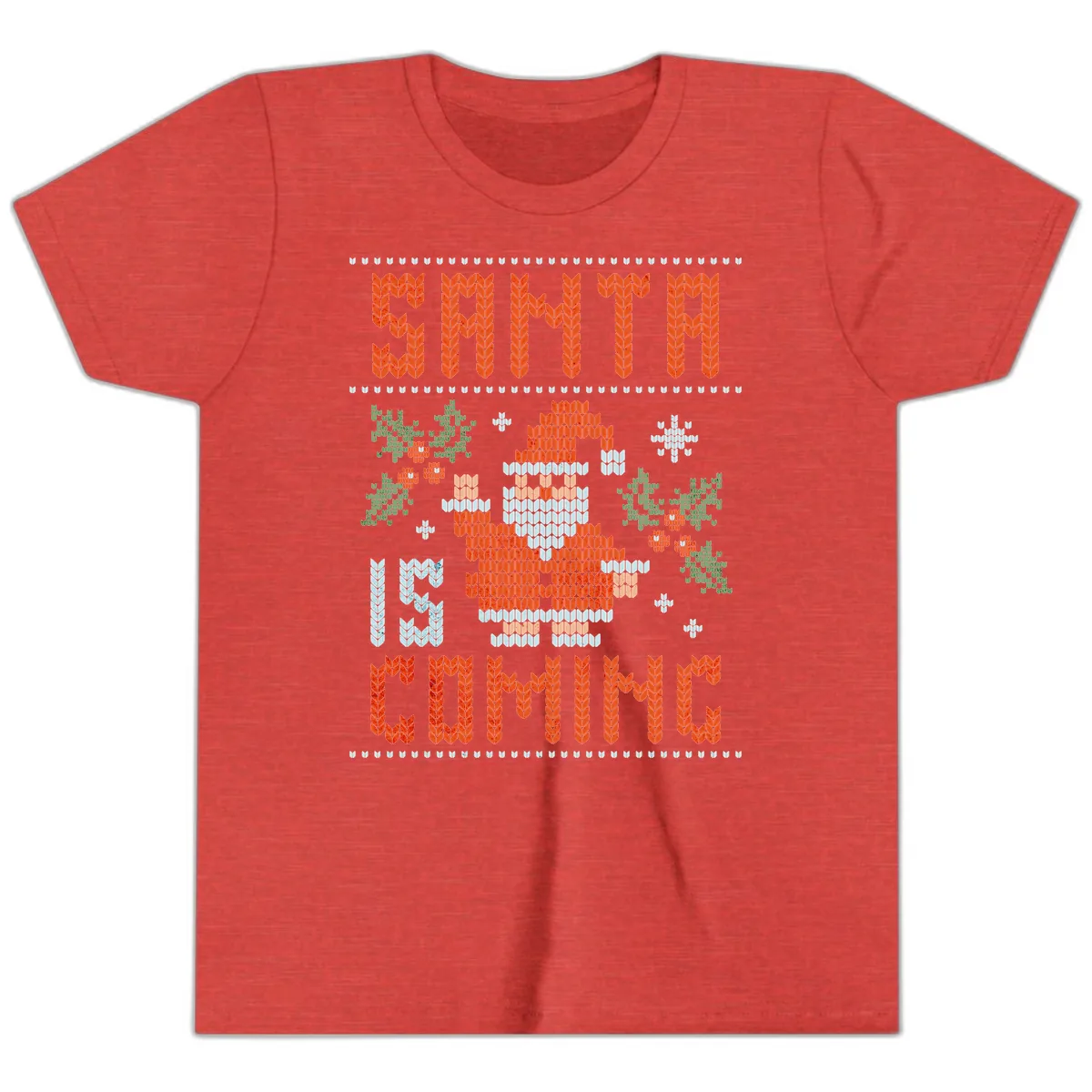Santa Is Coming Ugly Christmas Sweater Youth T-Shirt in Heather Red