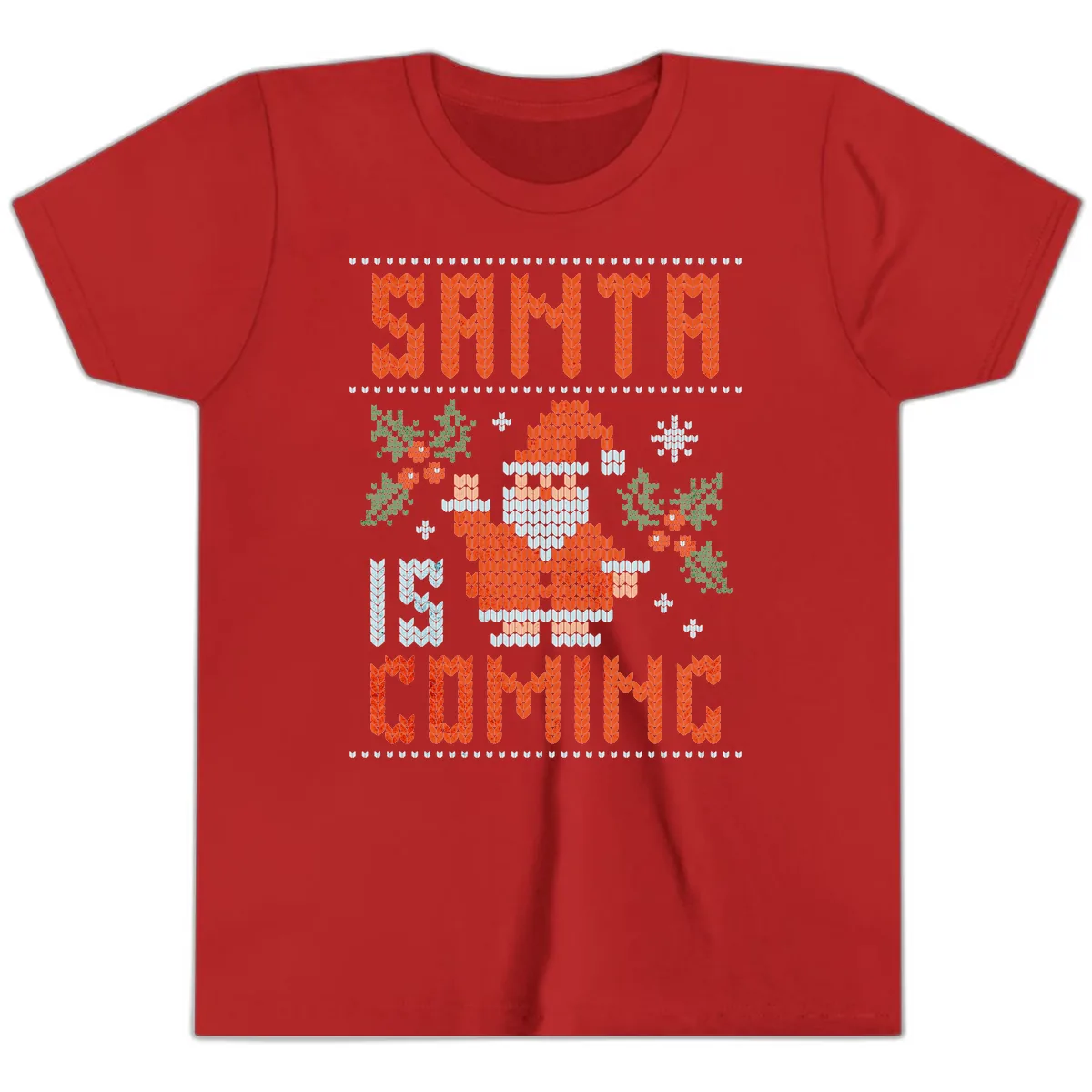Santa Is Coming Ugly Christmas Sweater Youth T-Shirt in Red