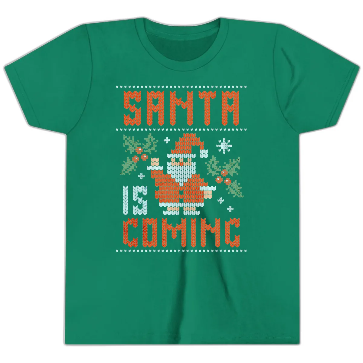 Santa Is Coming Ugly Christmas Sweater Youth T-Shirt in Kelly