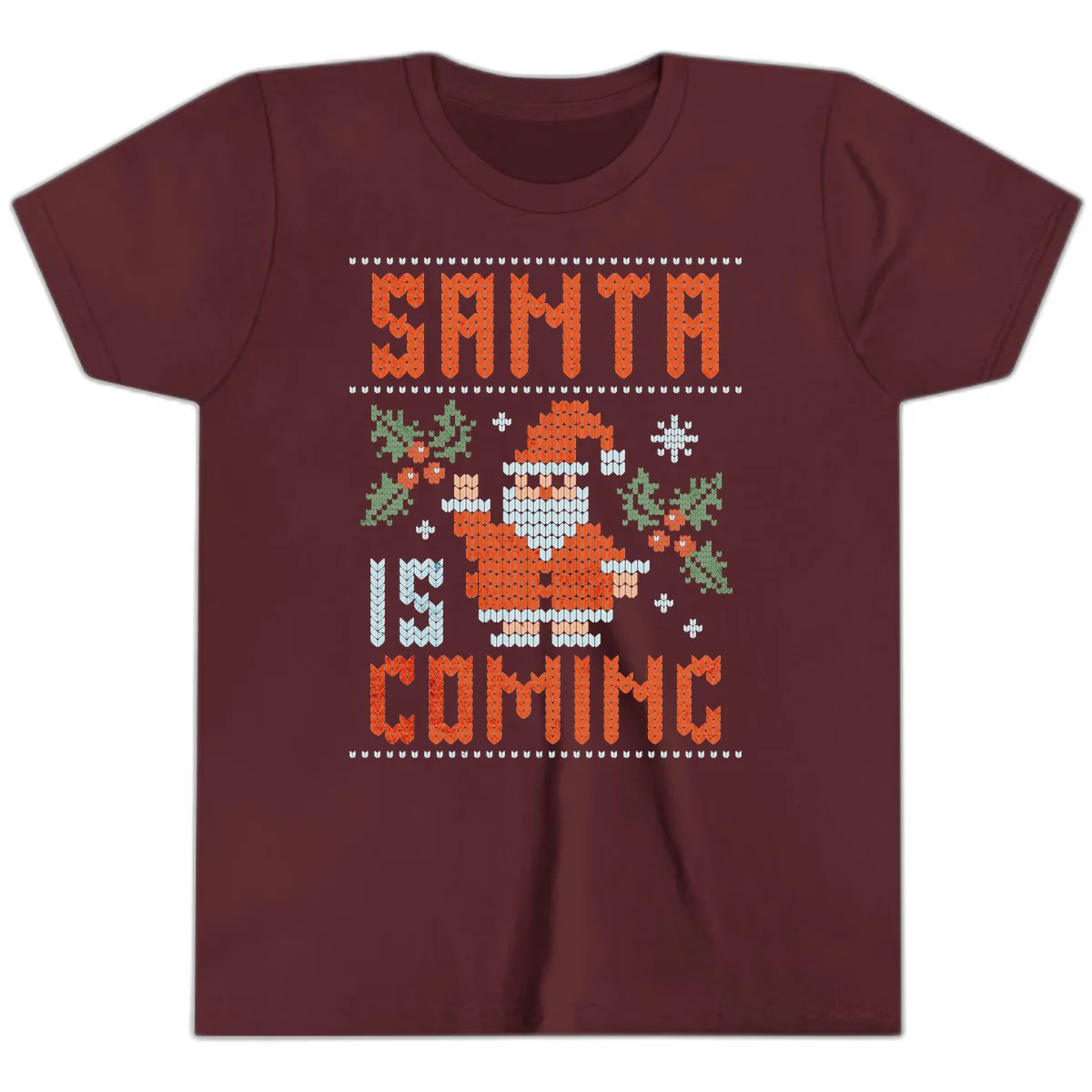 Santa Is Coming Ugly Christmas Sweater Youth T-Shirt in Maroon