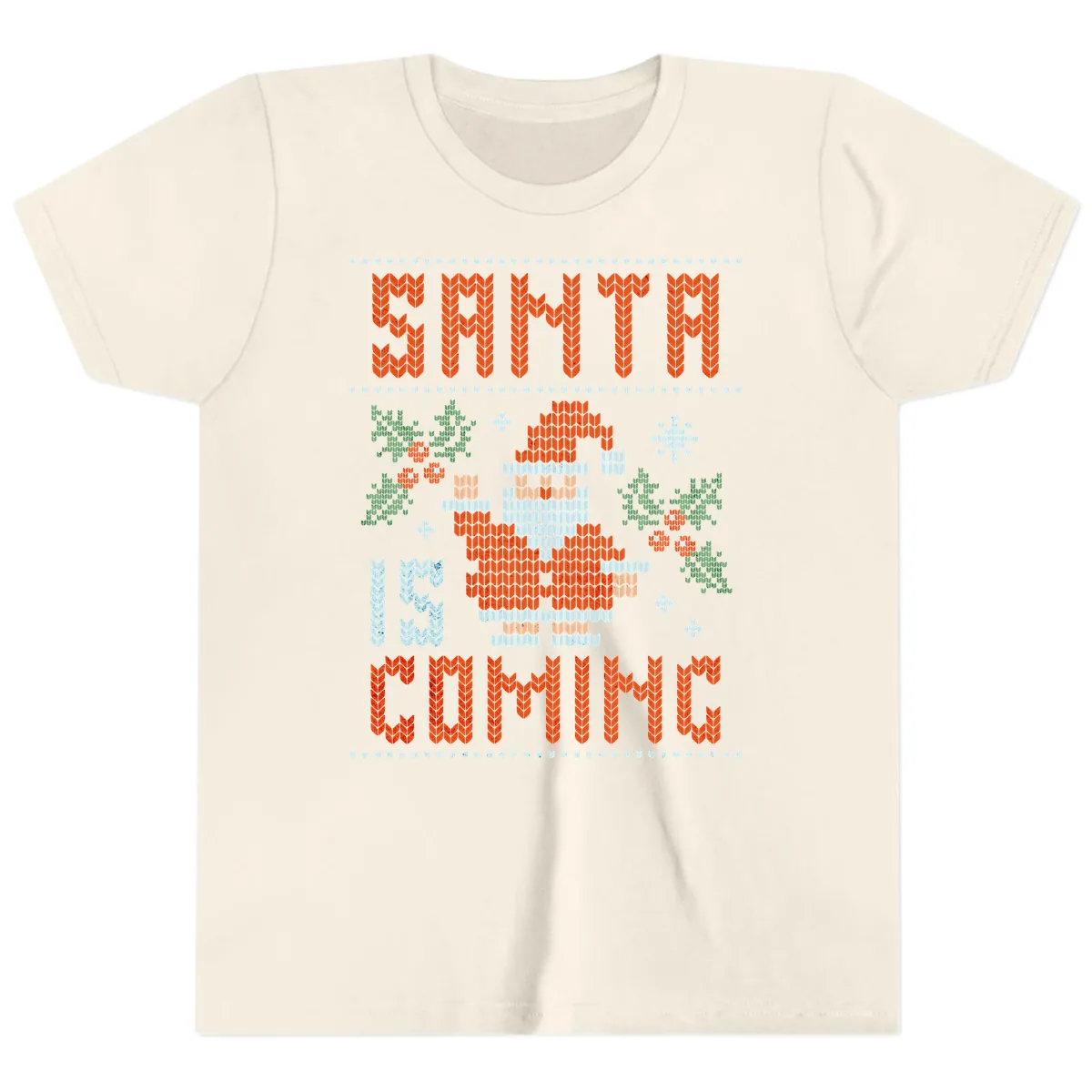 Santa Is Coming Ugly Christmas Sweater Youth T-Shirt in Natural
