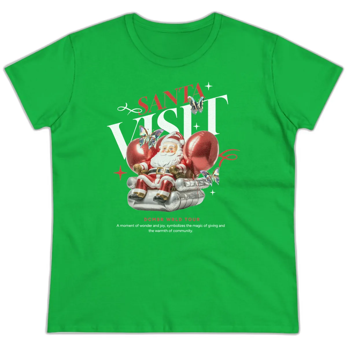 Santa's December World Tour Ladies Tee in Irish Green