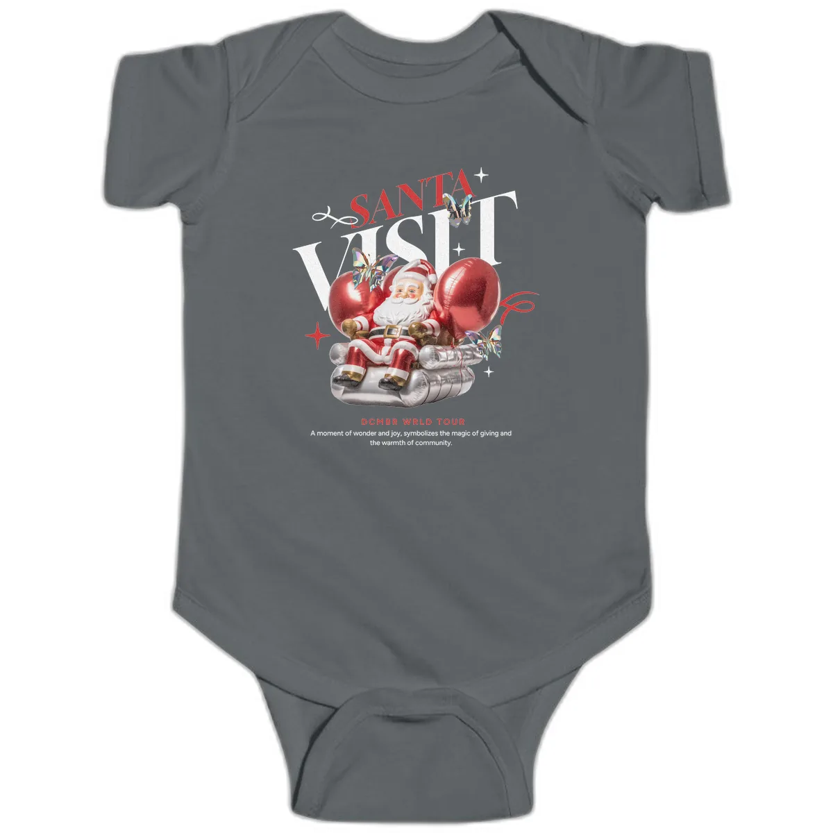 Santa's December World Tour Baby Onesie in Charcoal