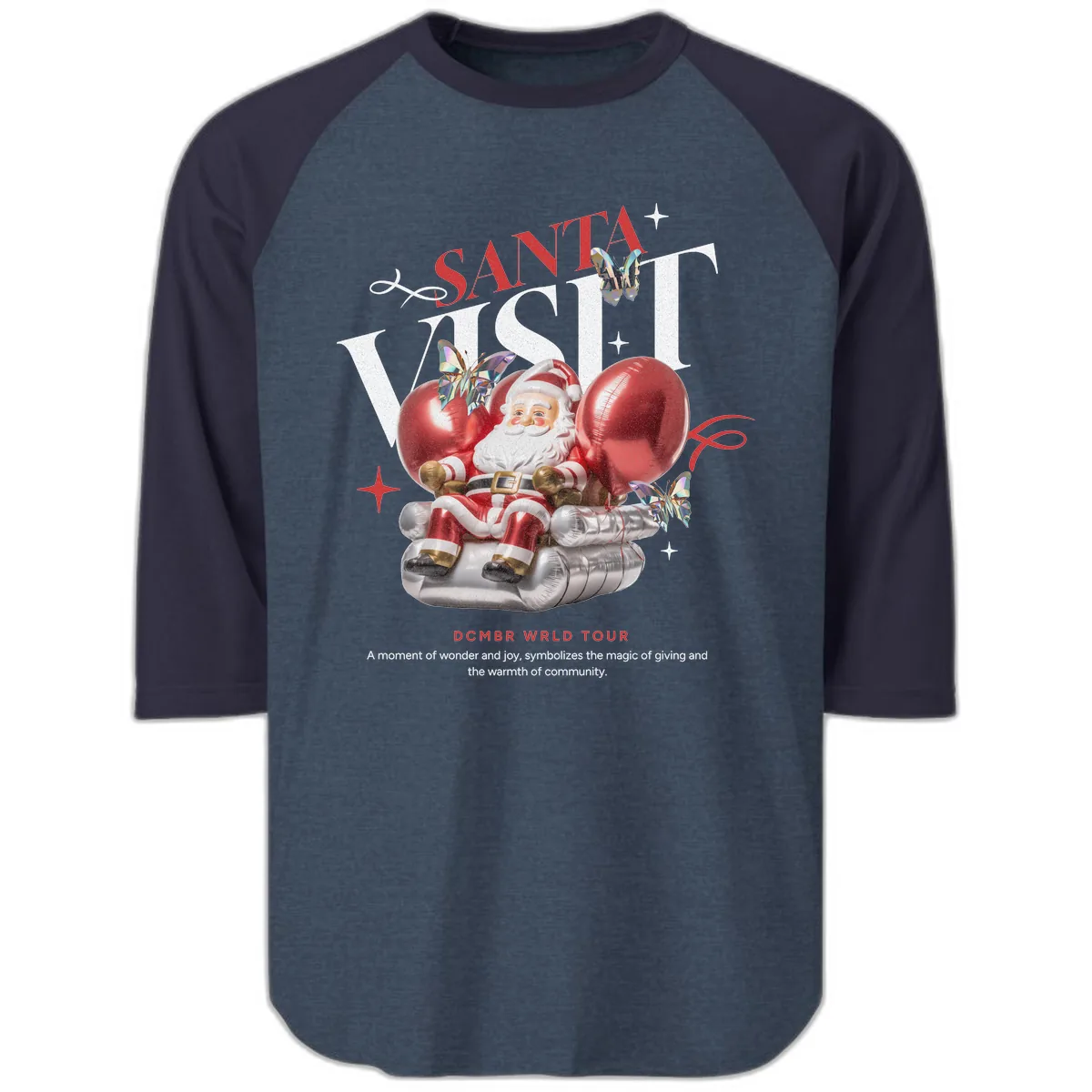 Santa's December World Tour Raglan 3/4 in Heather Denim Navy