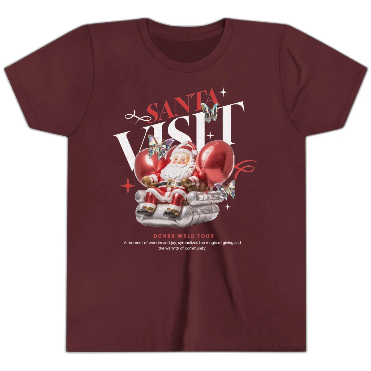 Santa's December World Tour Youth T-Shirt in Maroon