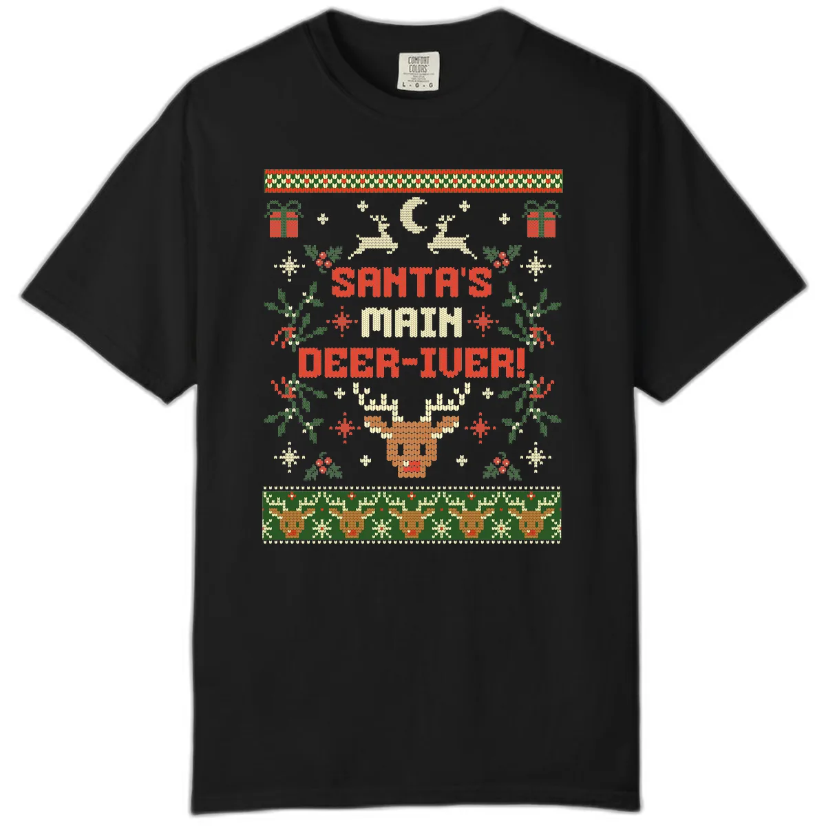 Santa's Main Deer-iver Ugly Christmas Sweater Comfort Color in Black