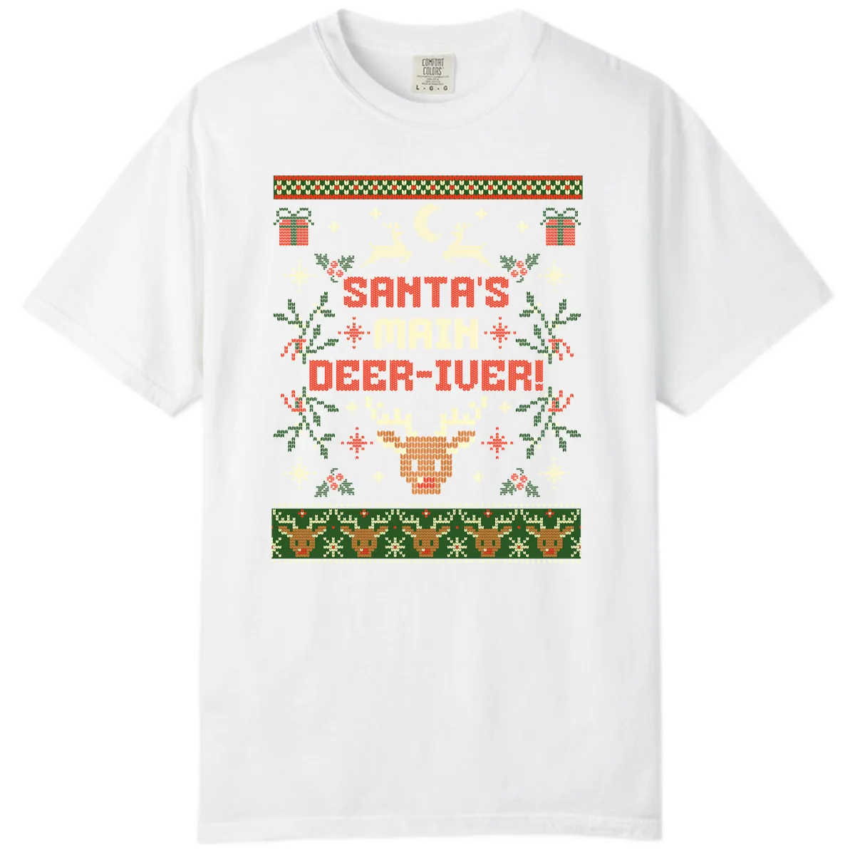 Santa's Main Deer-iver Ugly Christmas Sweater Comfort Color in White