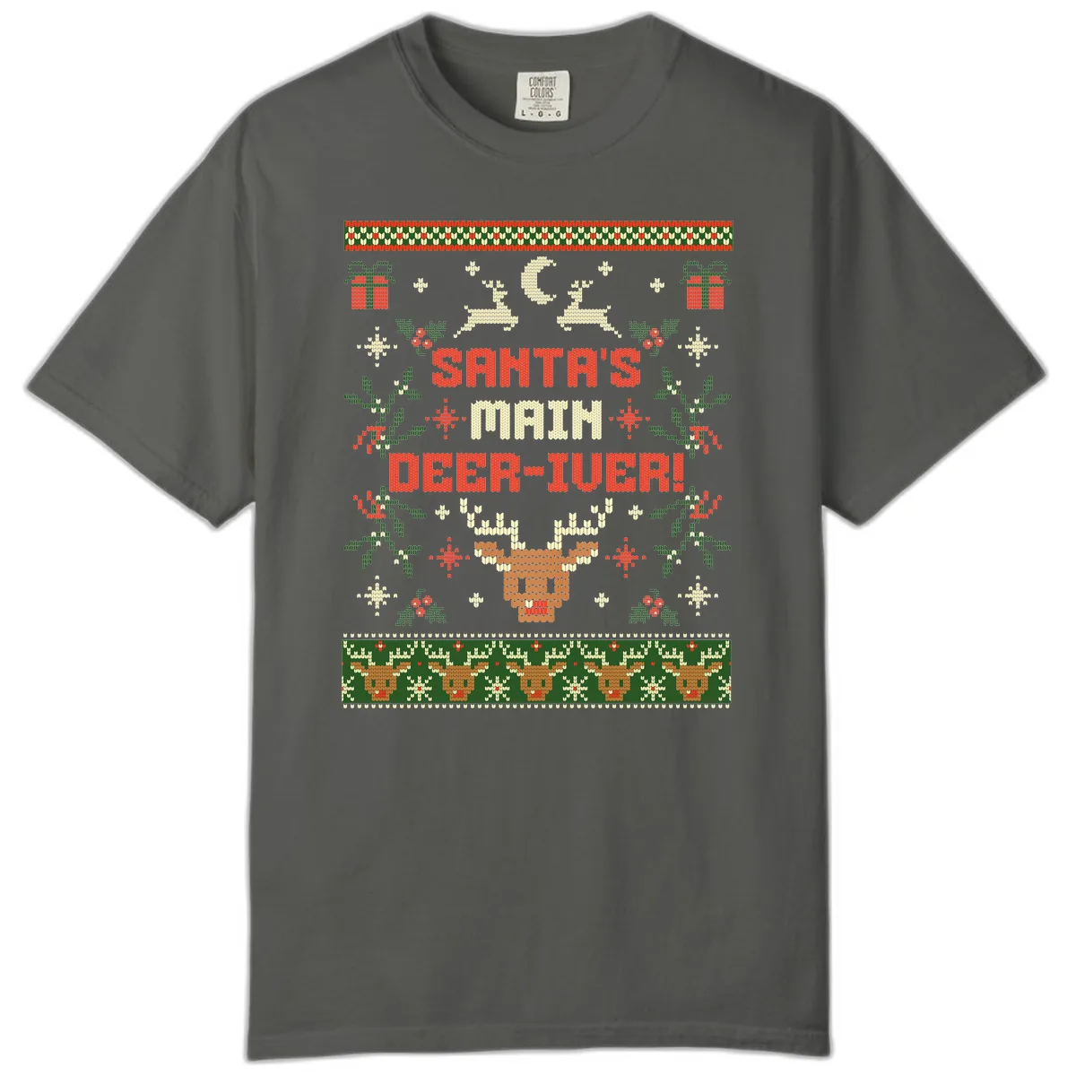 Santa's Main Deer-iver Ugly Christmas Sweater Comfort Color in Pepper