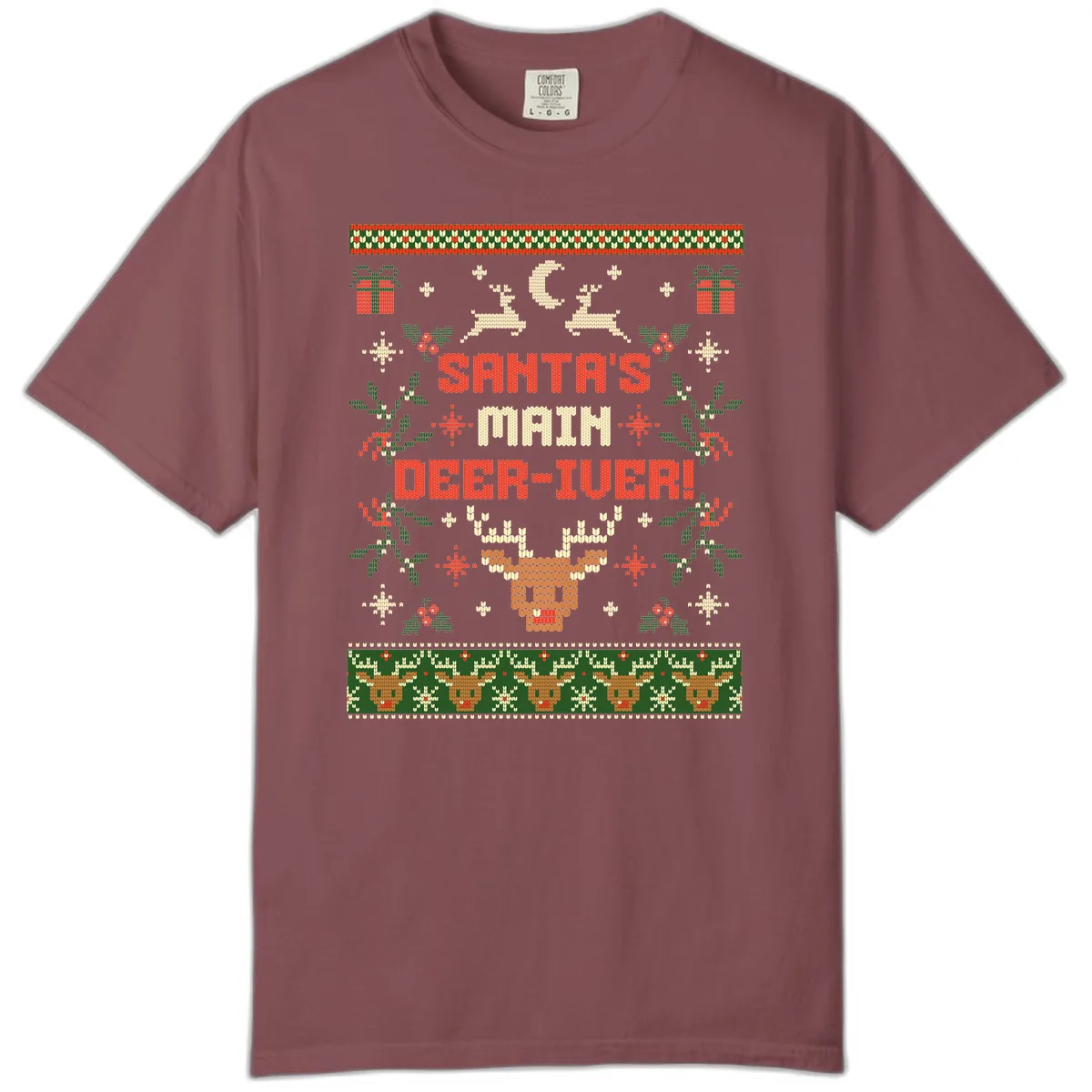 Santa's Main Deer-iver Ugly Christmas Sweater Comfort Color in Brick
