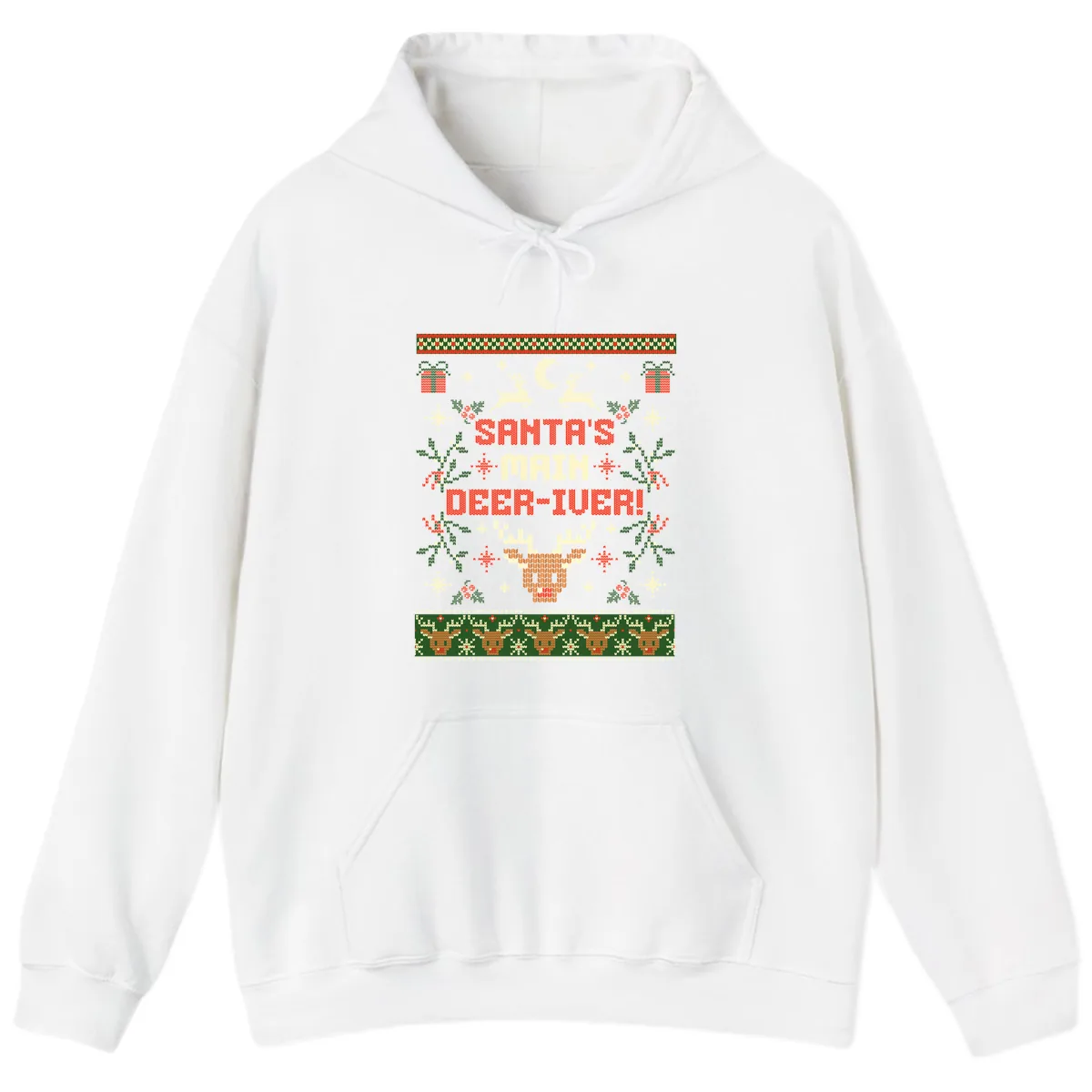 Santa's Main Deer-iver Ugly Christmas Sweater Hoodie in White