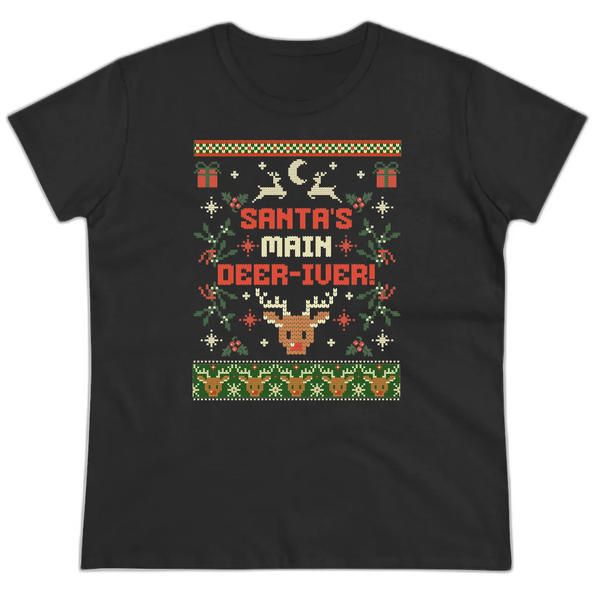 Santa's Main Deer-iver Ugly Christmas Sweater Ladies Tee in Black