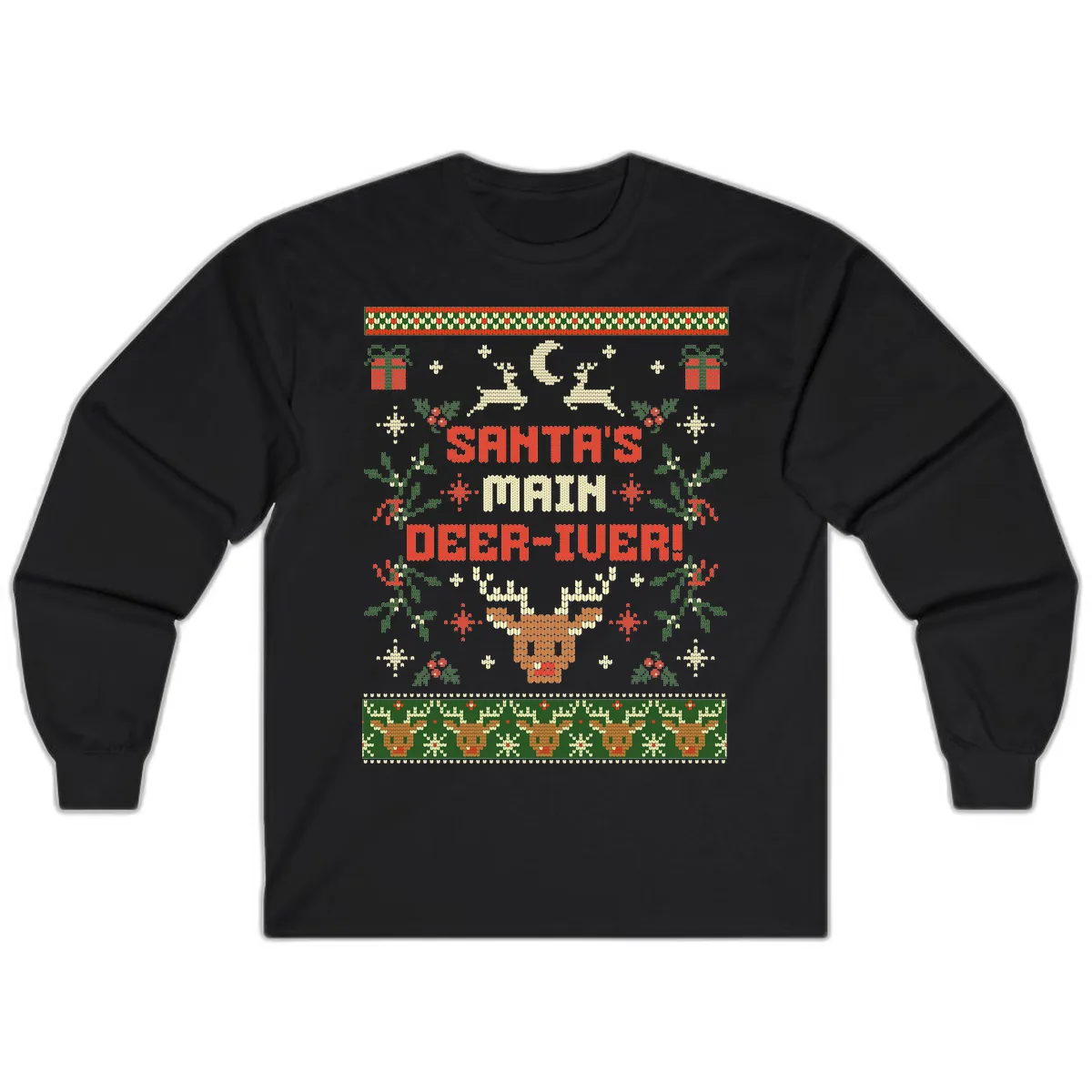 Santa's Main Deer-iver Ugly Christmas Sweater Long Sleeve in Black