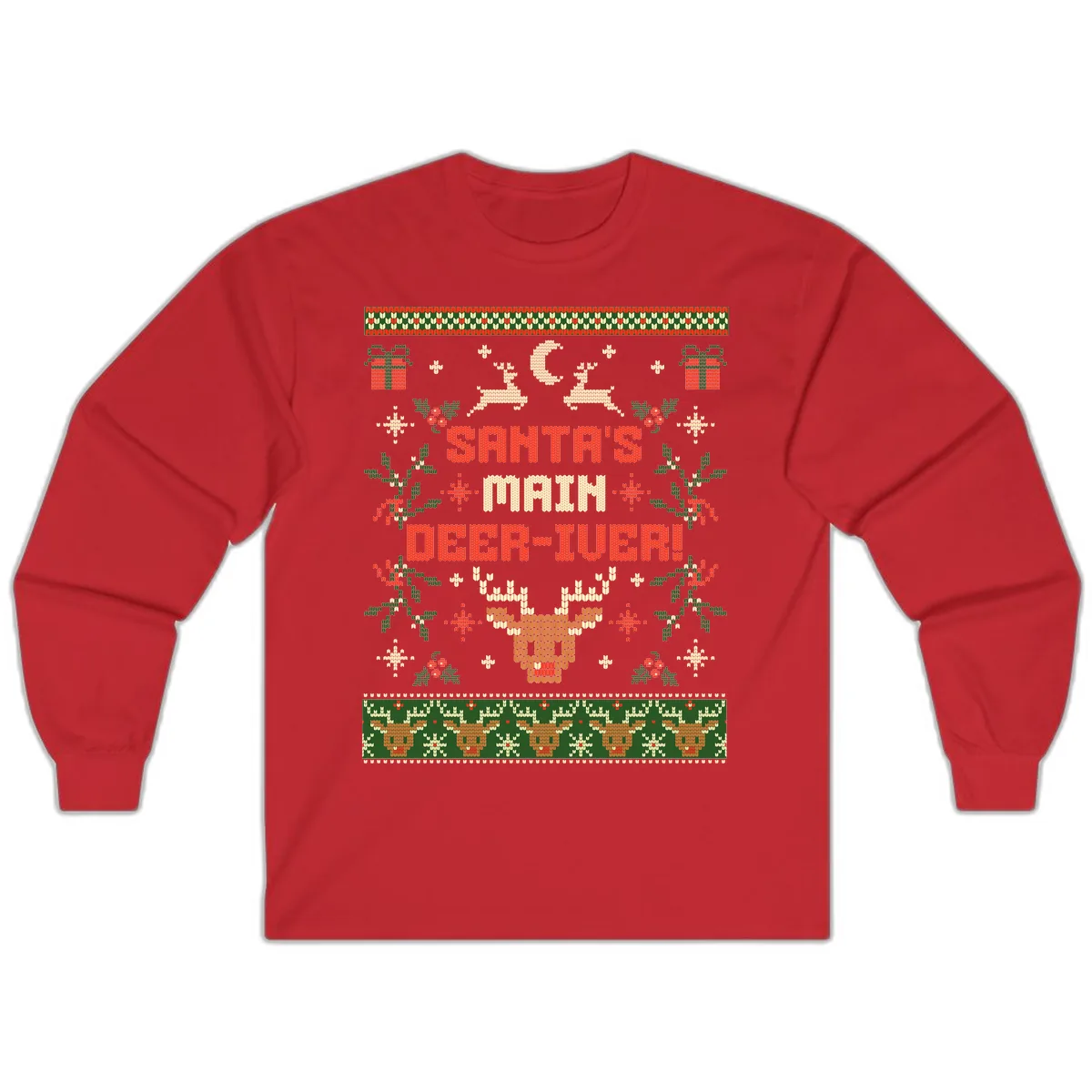 Santa's Main Deer-iver Ugly Christmas Sweater Long Sleeve in Red