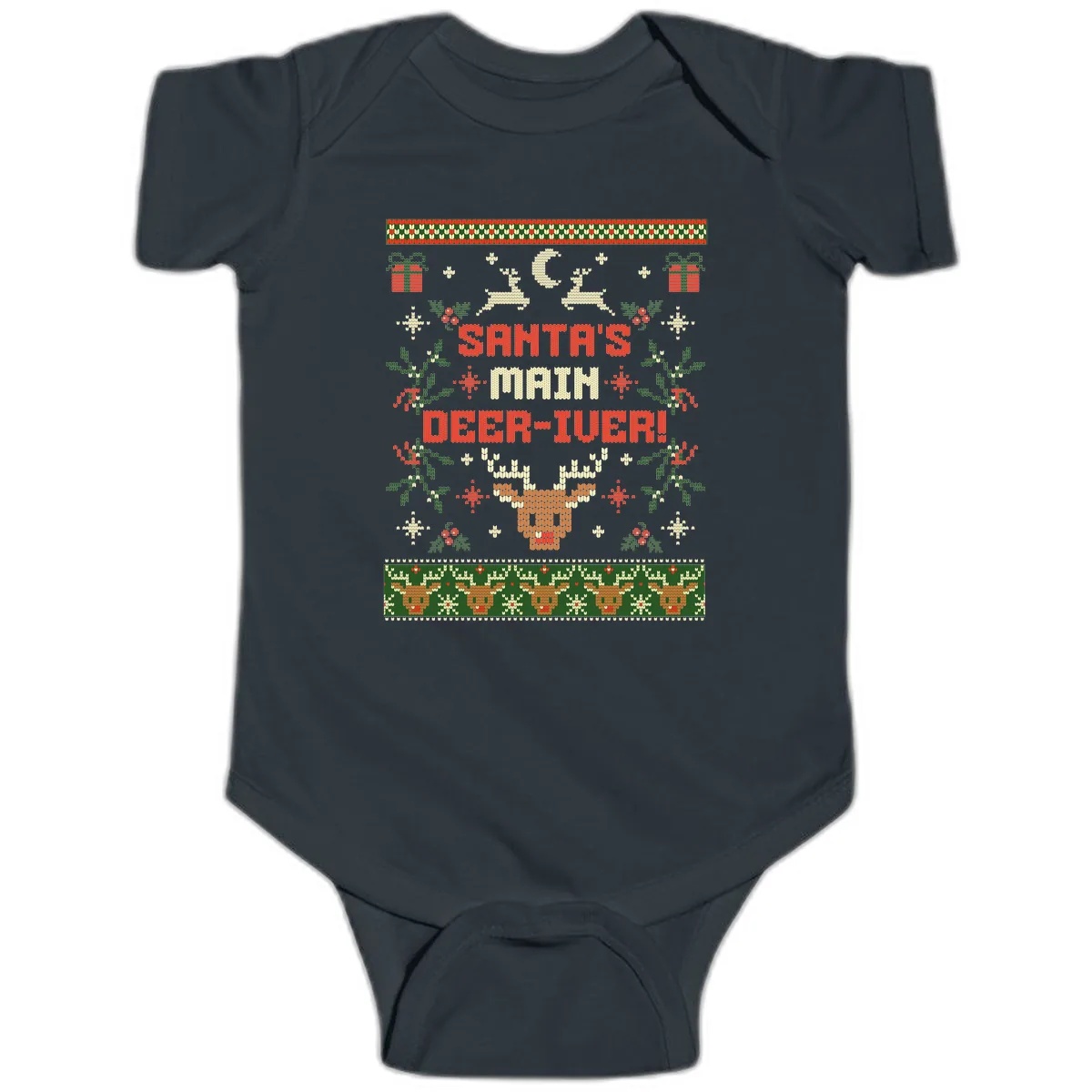 Santa's Main Deer-iver Ugly Christmas Sweater Baby Onesie in Black