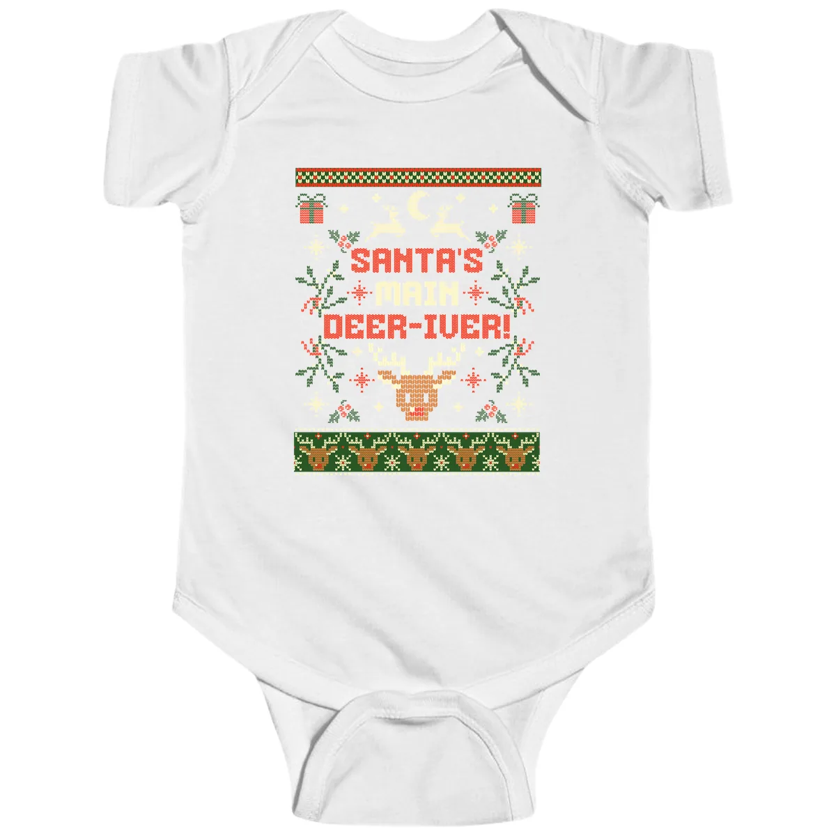 Santa's Main Deer-iver Ugly Christmas Sweater Baby Onesie in White