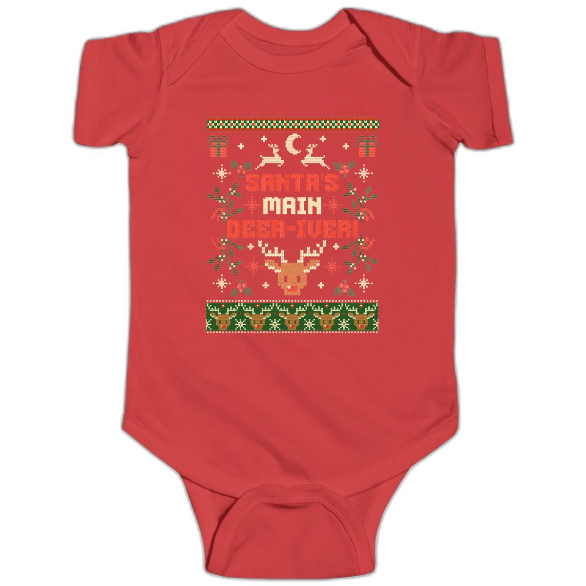 Santa's Main Deer-iver Ugly Christmas Sweater Baby Onesie in Red