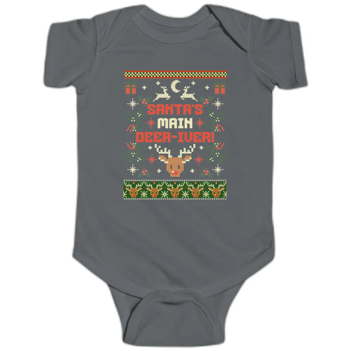 Santa's Main Deer-iver Ugly Christmas Sweater Baby Onesie in Charcoal
