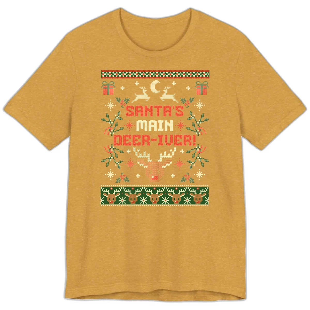 Santa's Main Deer-iver Ugly Christmas Sweater Premium T-Shirt in Heather Mustard