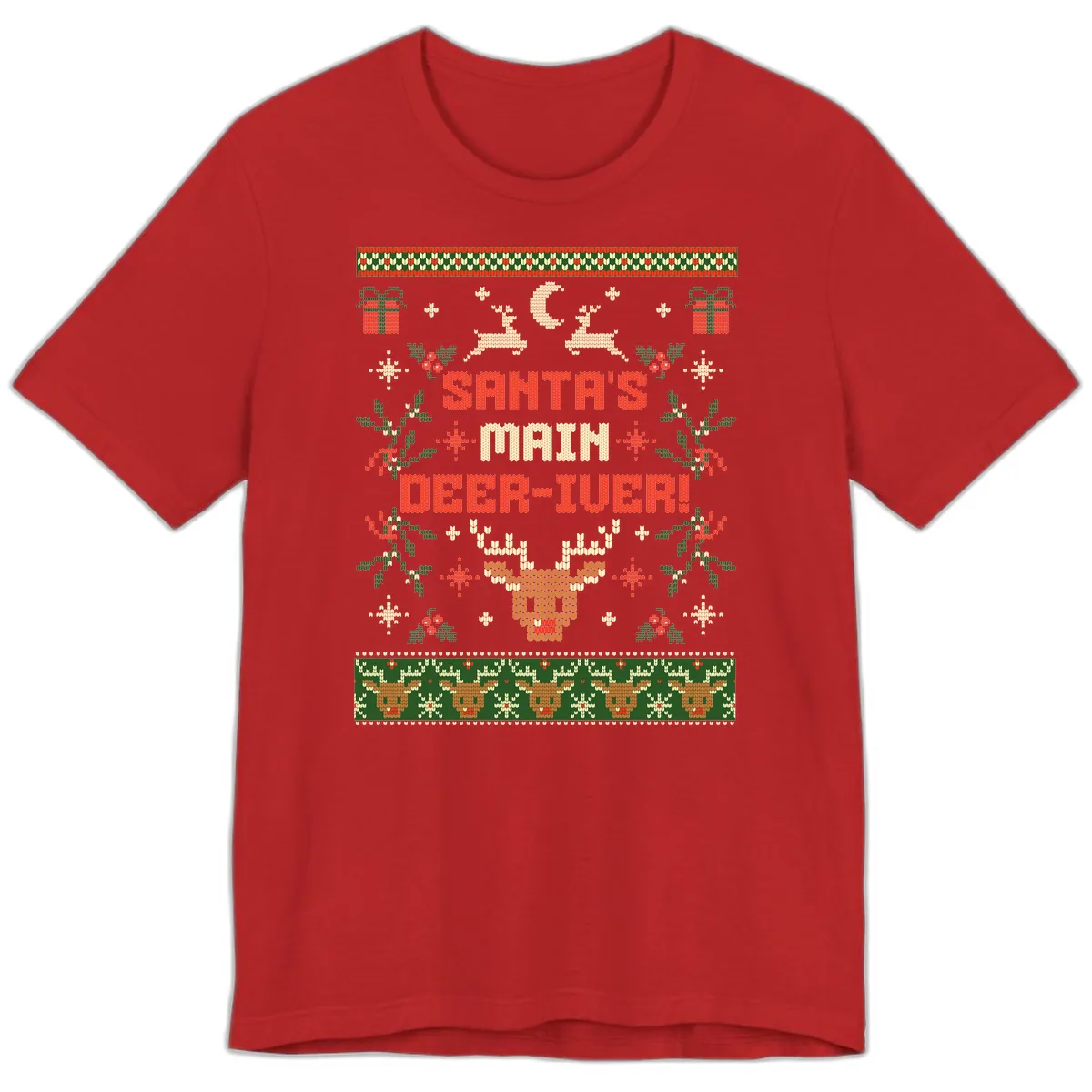 Santa's Main Deer-iver Ugly Christmas Sweater Premium T-Shirt in Red