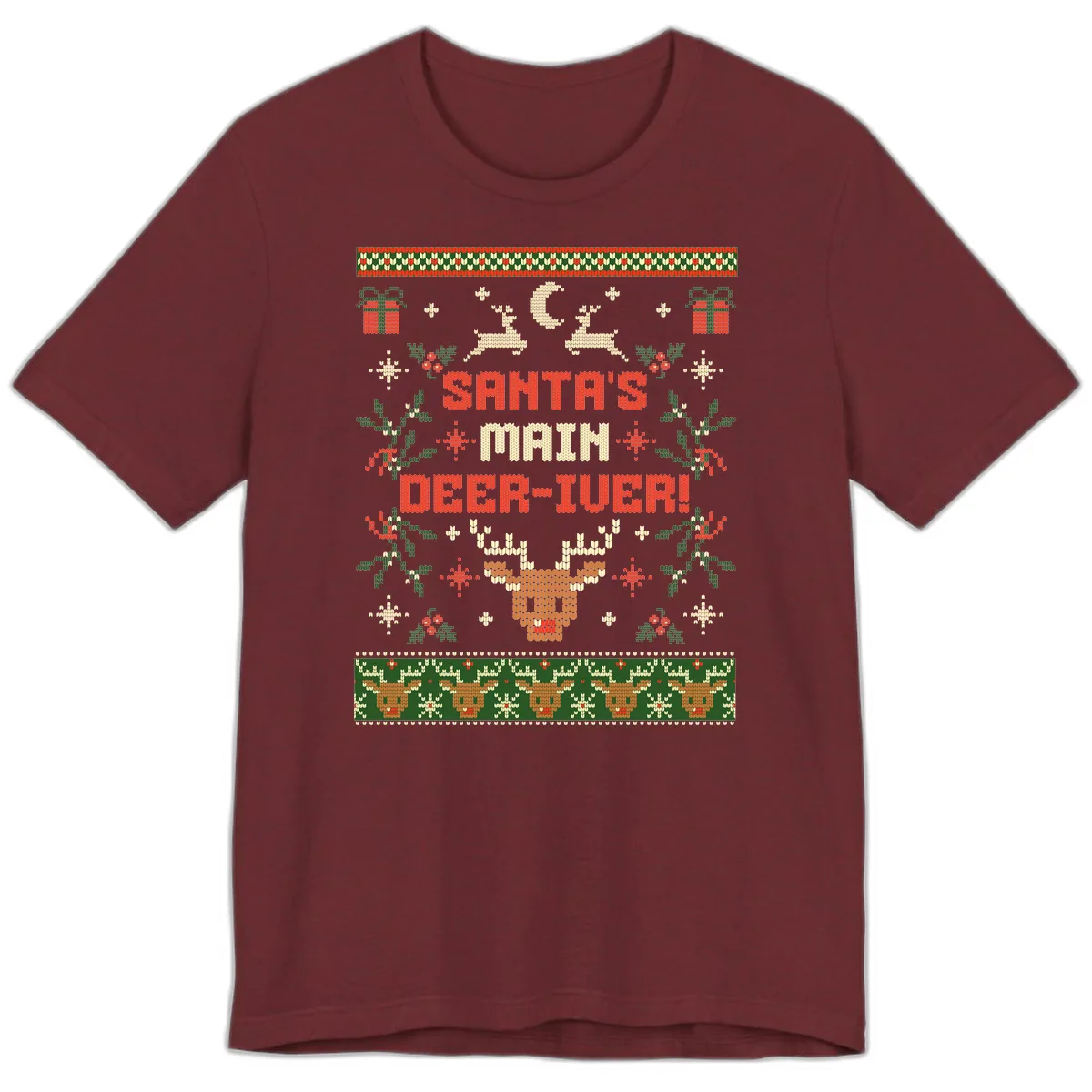 Santa's Main Deer-iver Ugly Christmas Sweater Premium T-Shirt in Heather Cardinal