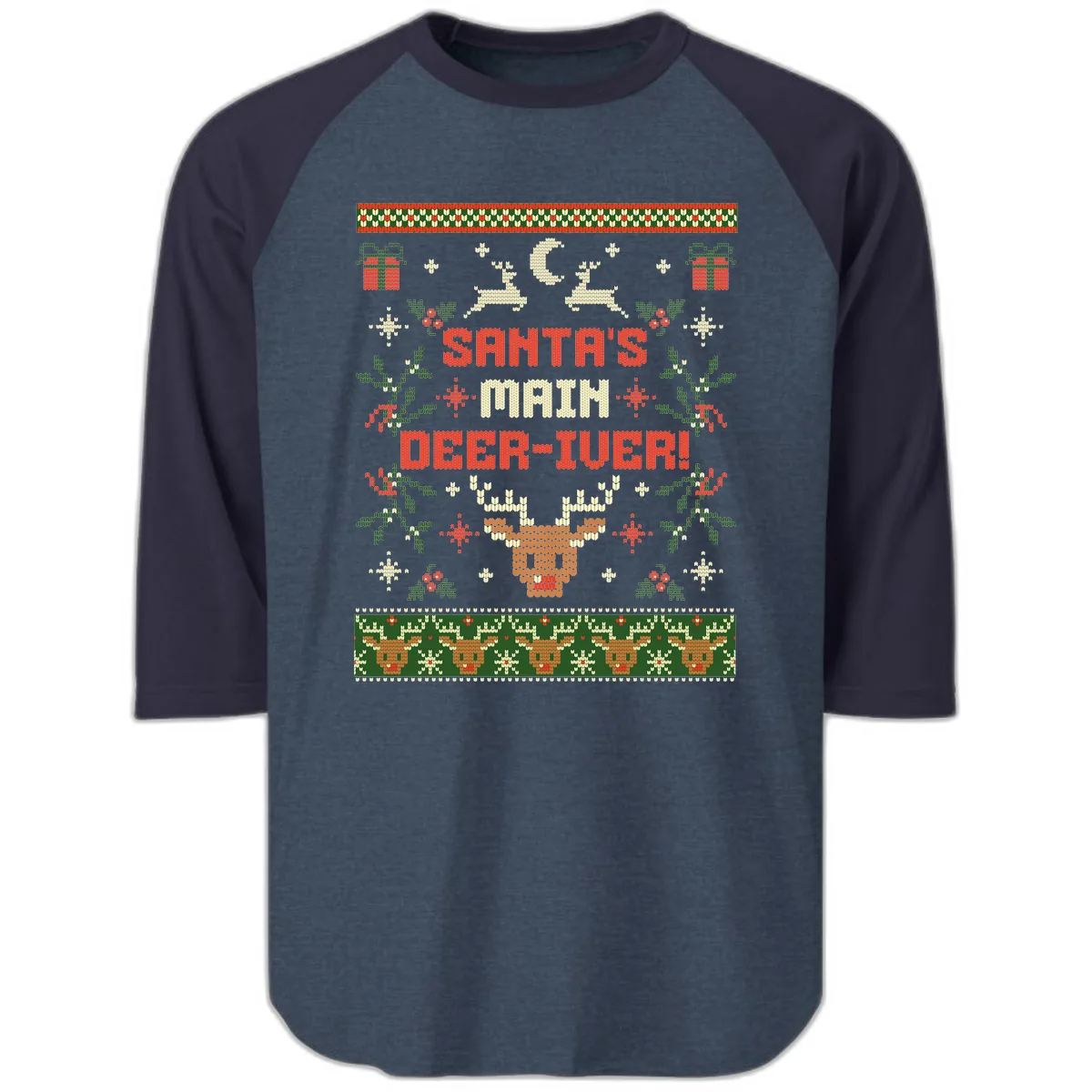 Santa's Main Deer-iver Ugly Christmas Sweater Raglan 3/4 in Heather Denim Navy