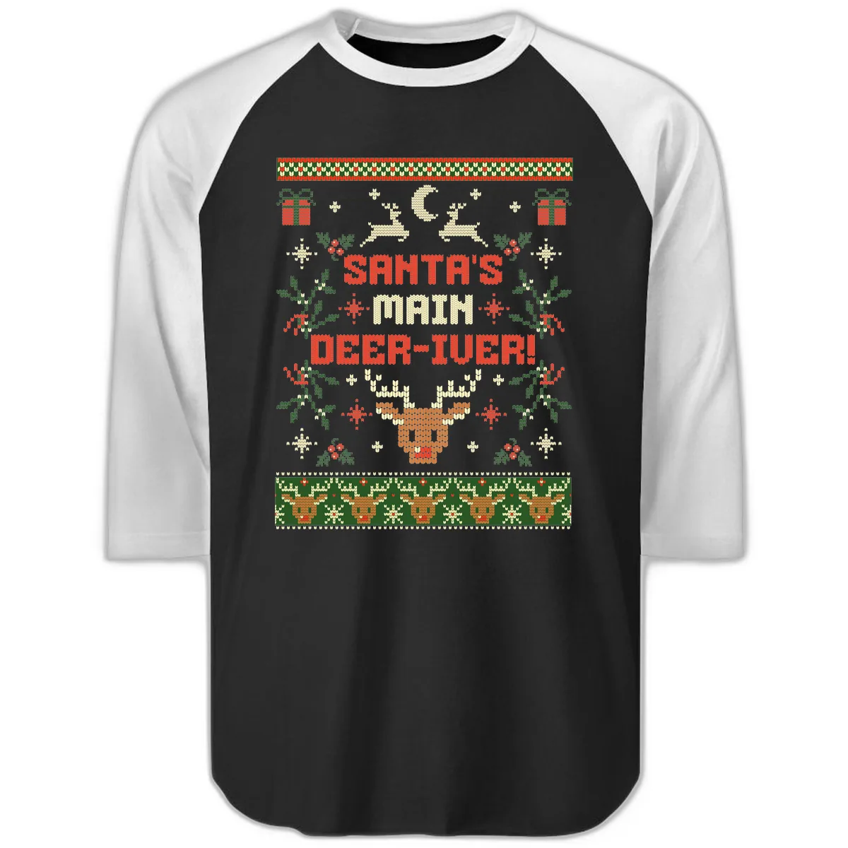 Santa's Main Deer-iver Ugly Christmas Sweater Raglan 3/4 in Black White