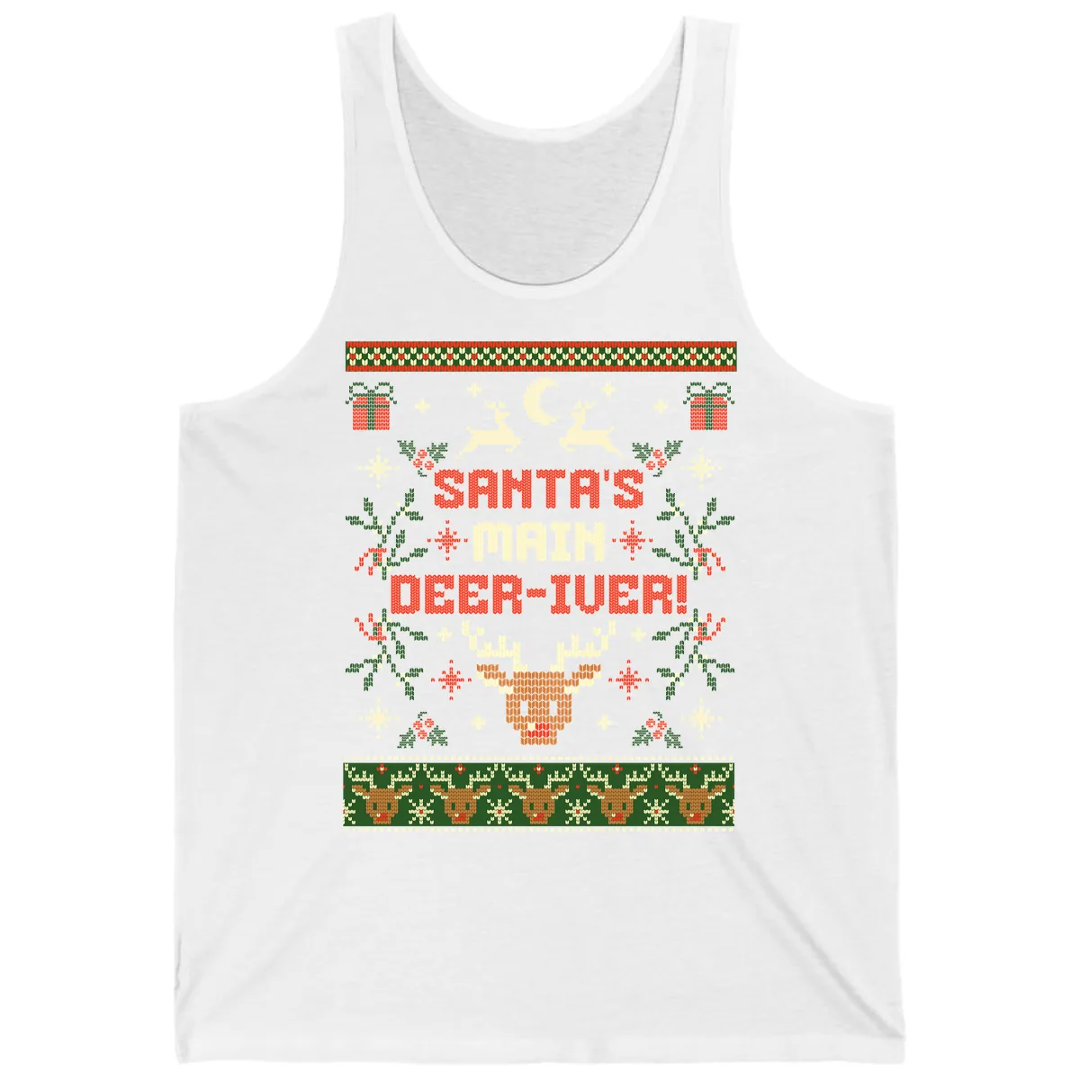 Santa's Main Deer-iver Ugly Christmas Sweater Tank in White
