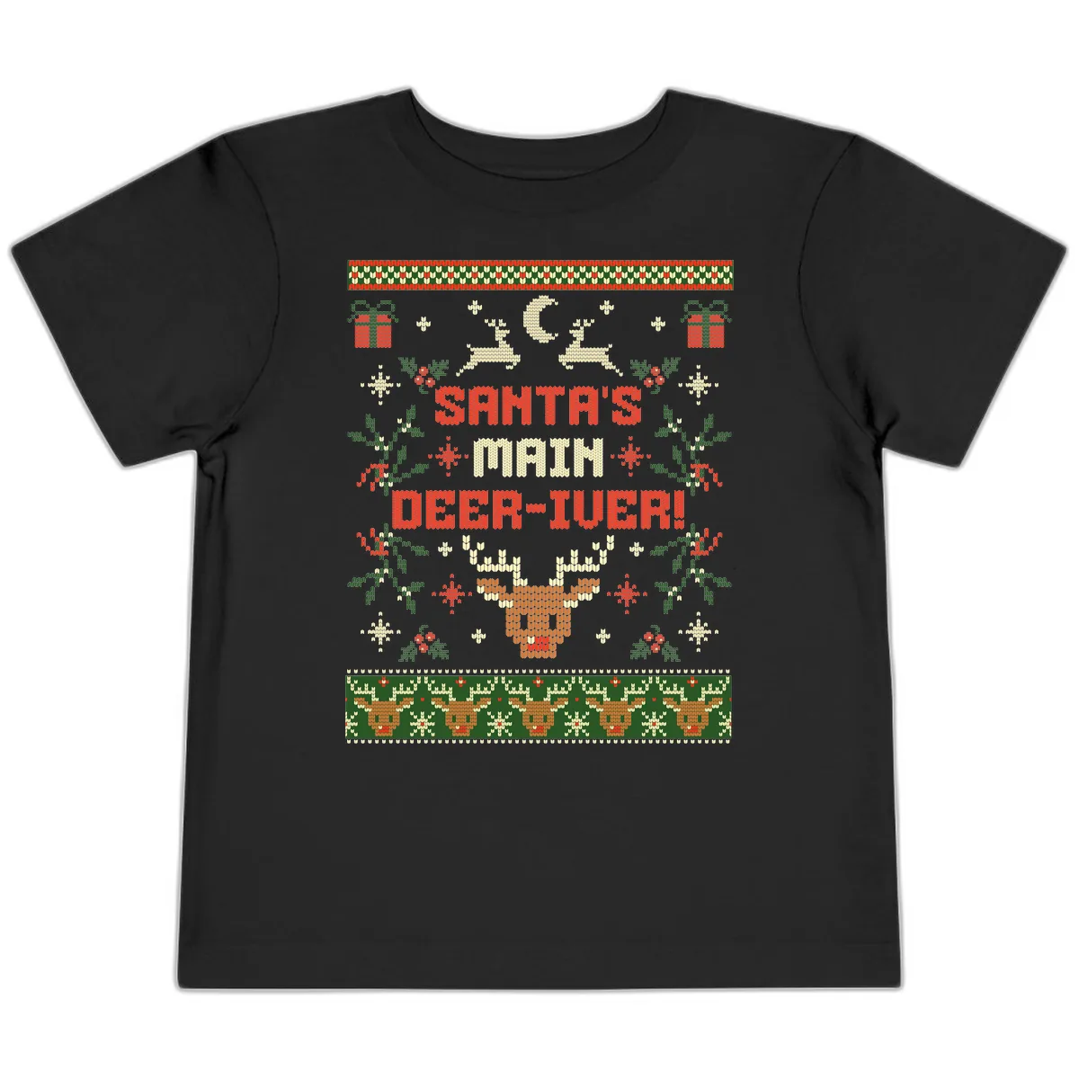 Santa's Main Deer-iver Ugly Christmas Sweater Toddler T-Shirt in Black