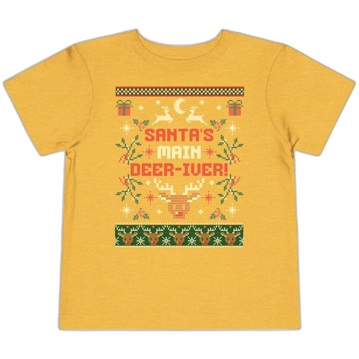 Santa's Main Deer-iver Ugly Christmas Sweater Toddler T-Shirt in Heather Yellow Gold
