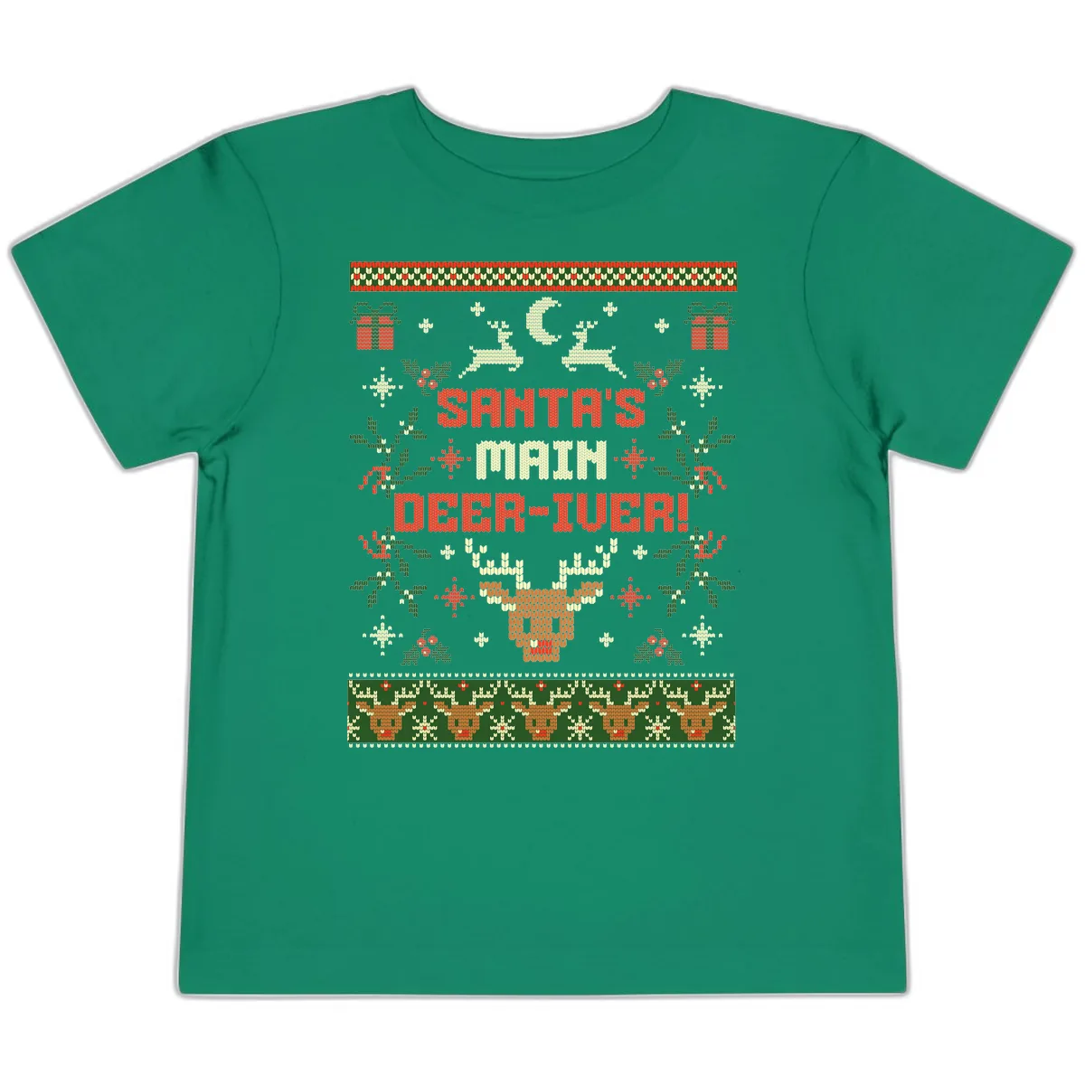 Santa's Main Deer-iver Ugly Christmas Sweater Toddler T-Shirt in Kelly