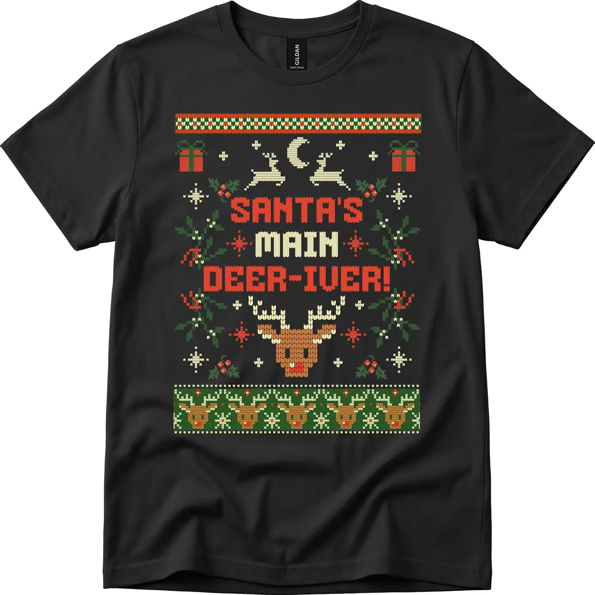 Santa's Main Deer-iver Ugly Christmas Sweater T-Shirt in Black