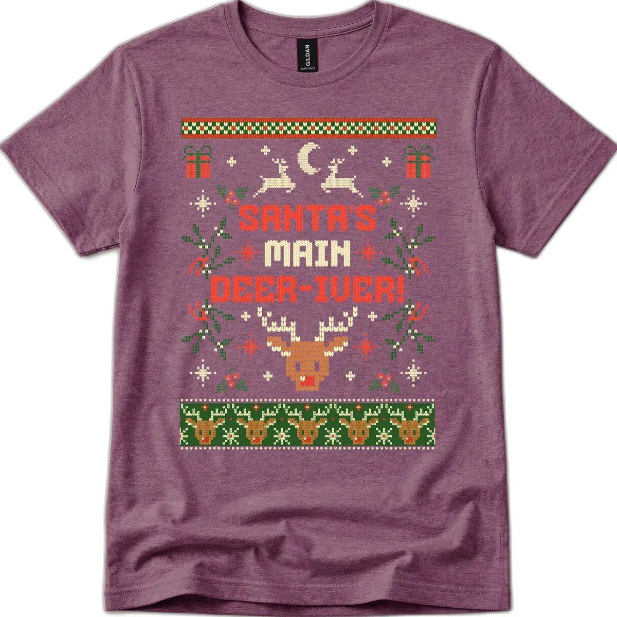 Santa's Main Deer-iver Ugly Christmas Sweater T-Shirt in Heather Maroon