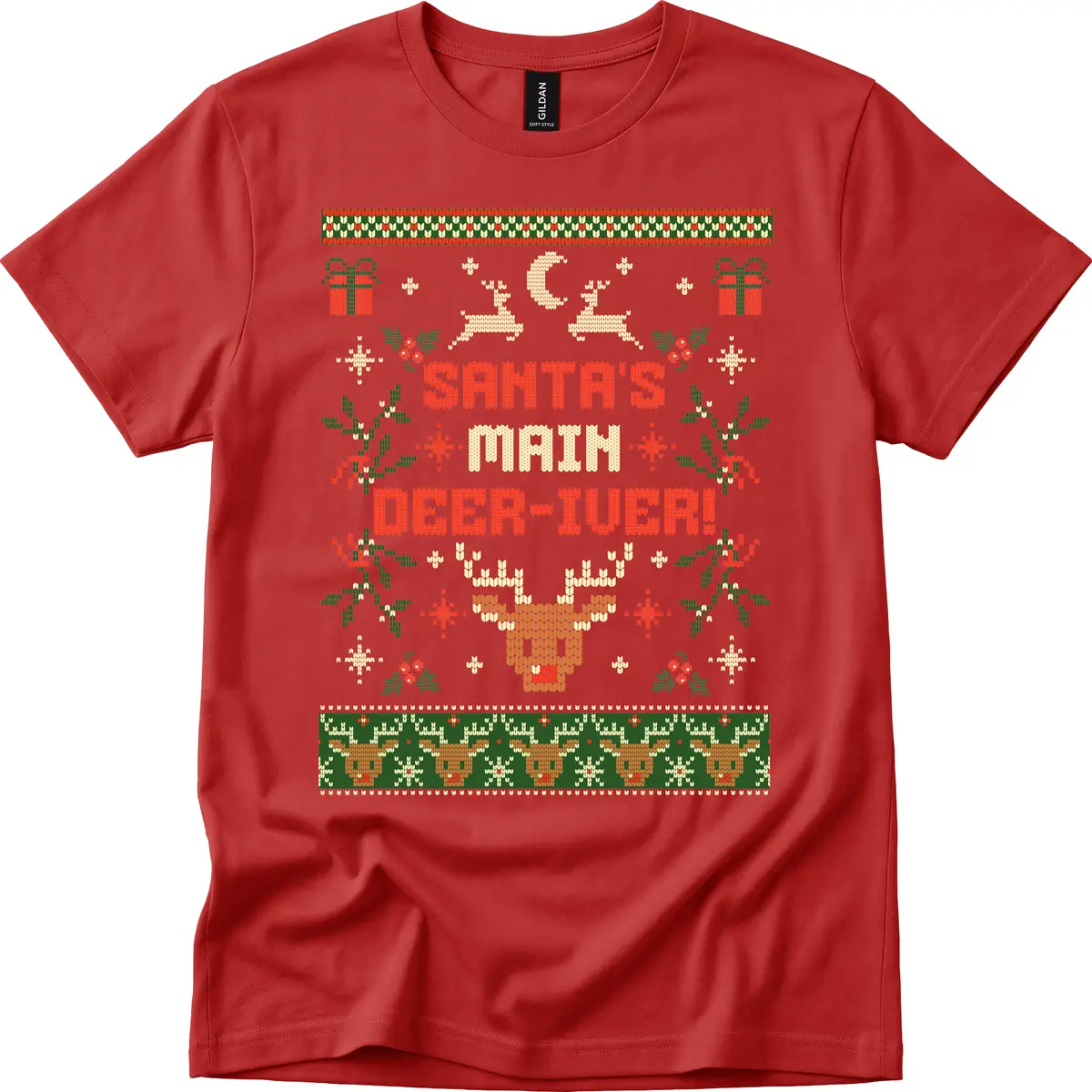 Santa's Main Deer-iver Ugly Christmas Sweater T-Shirt in Red
