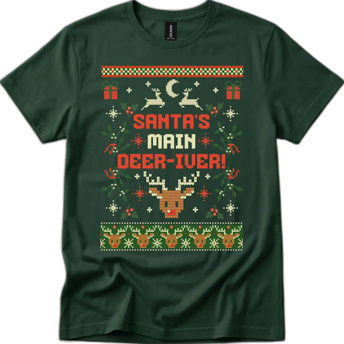 Santa's Main Deer-iver Ugly Christmas Sweater T-Shirt in Forest Green