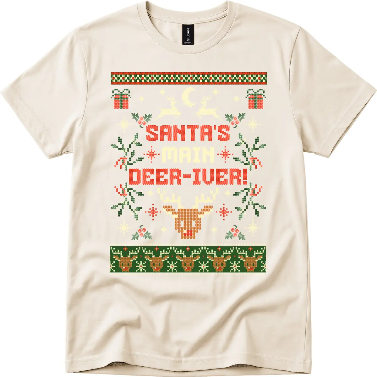 Santa's Main Deer-iver Ugly Christmas Sweater T-Shirt in Natural