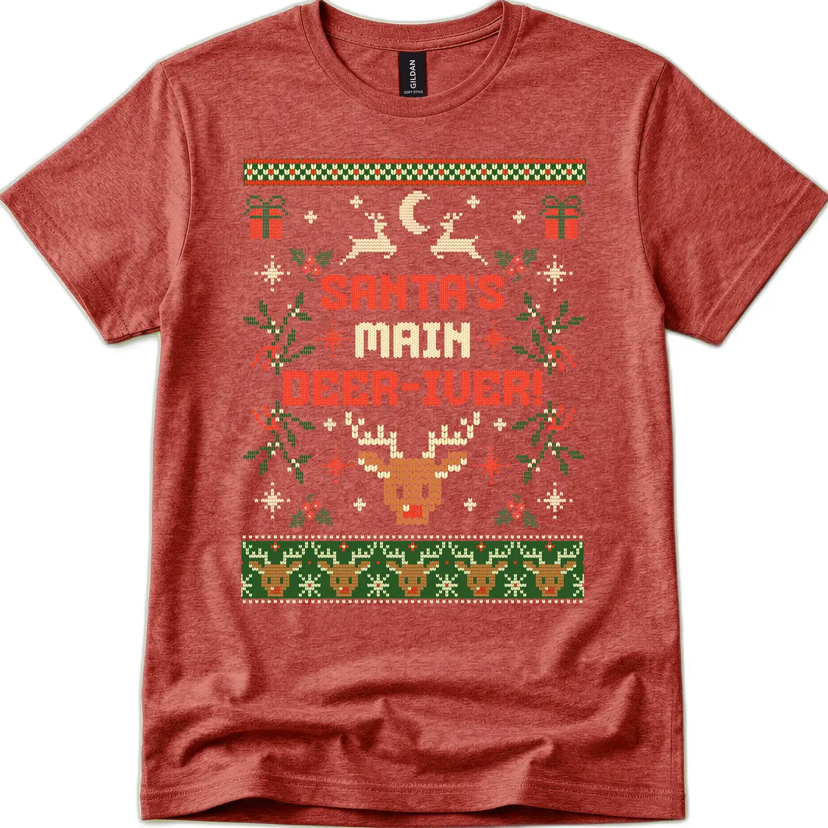 Santa's Main Deer-iver Ugly Christmas Sweater T-Shirt in Heather Cardinal