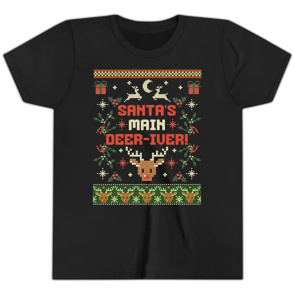 Santa's Main Deer-iver Ugly Christmas Sweater Youth T-Shirt in Black