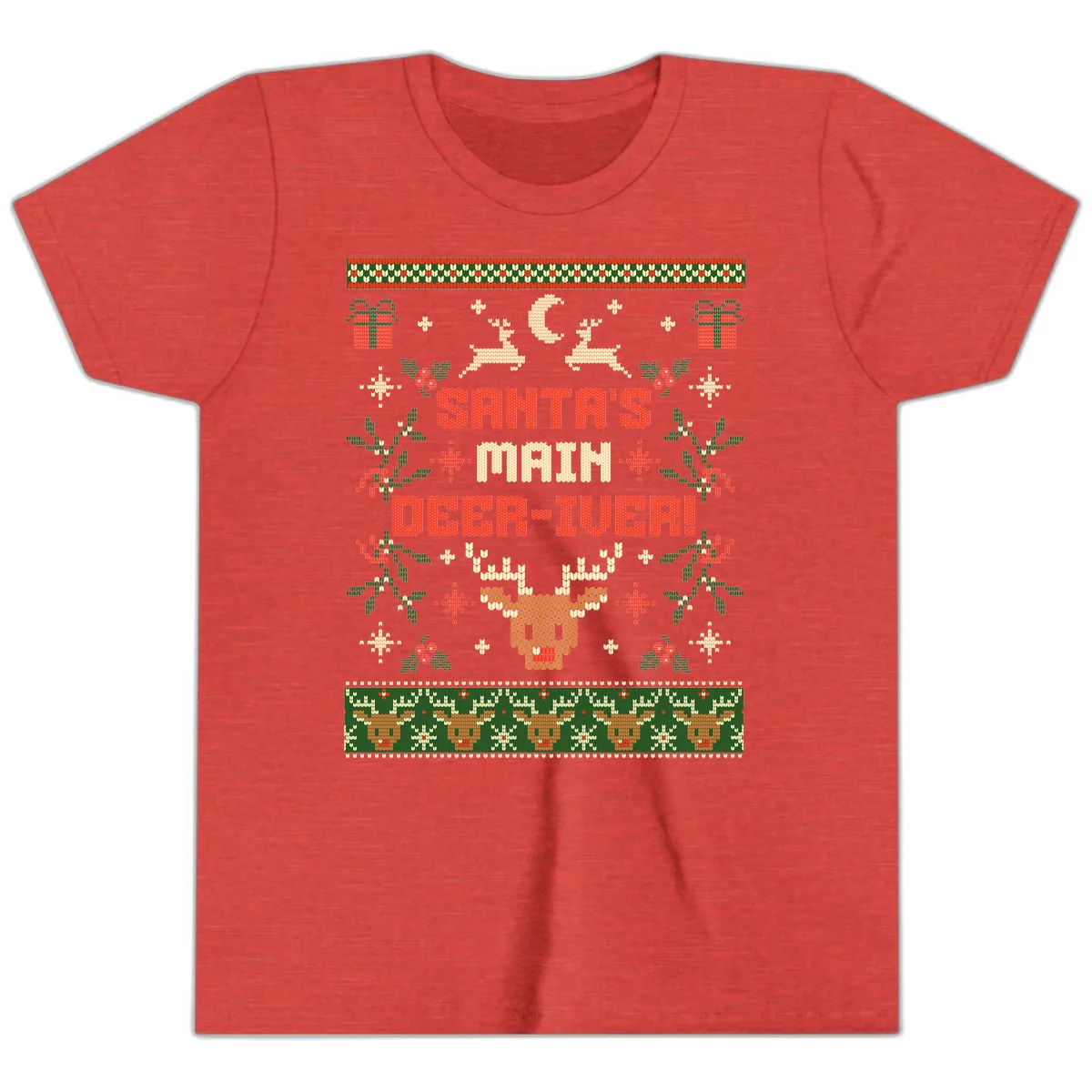 Santa's Main Deer-iver Ugly Christmas Sweater Youth T-Shirt in Heather Red