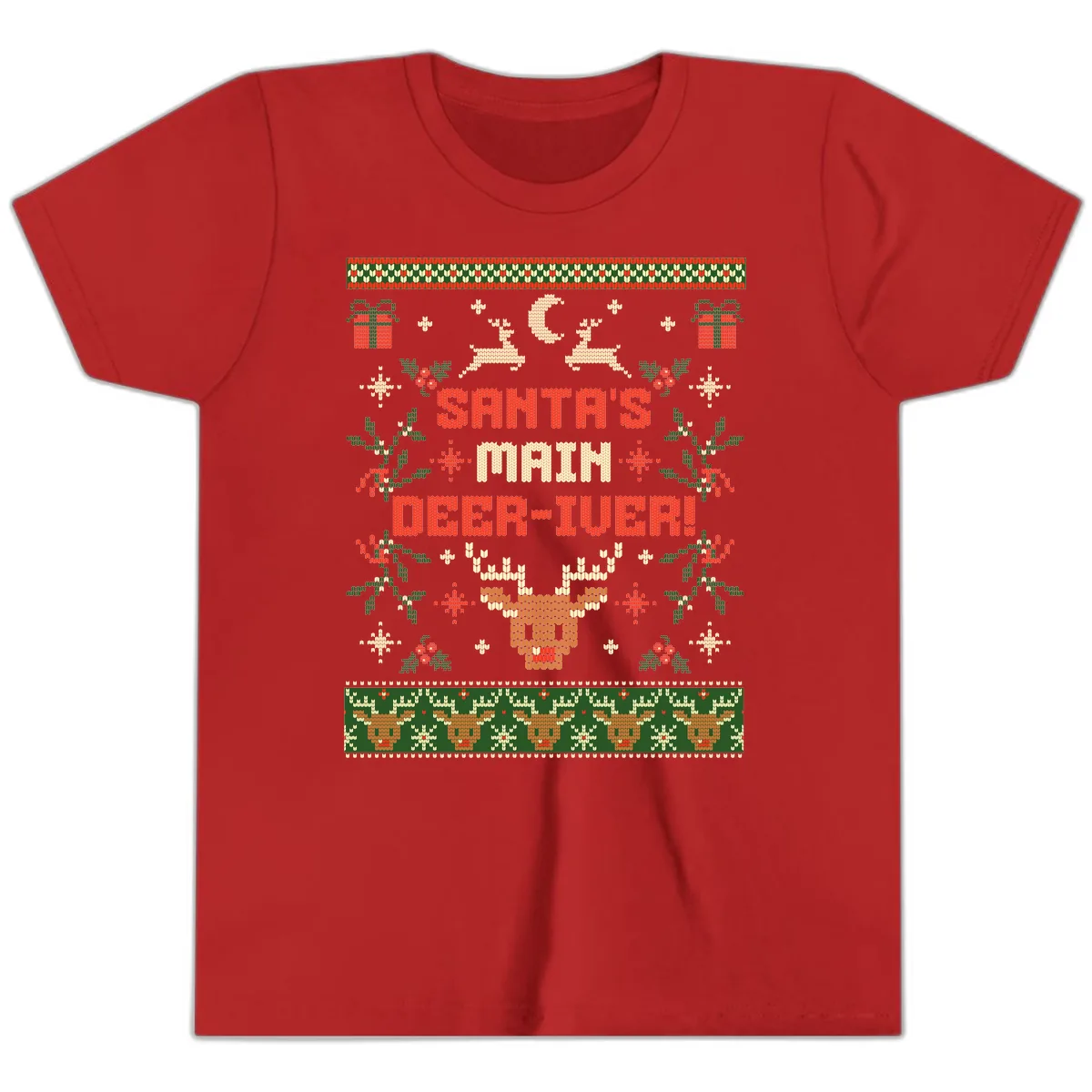 Santa's Main Deer-iver Ugly Christmas Sweater Youth T-Shirt in Red