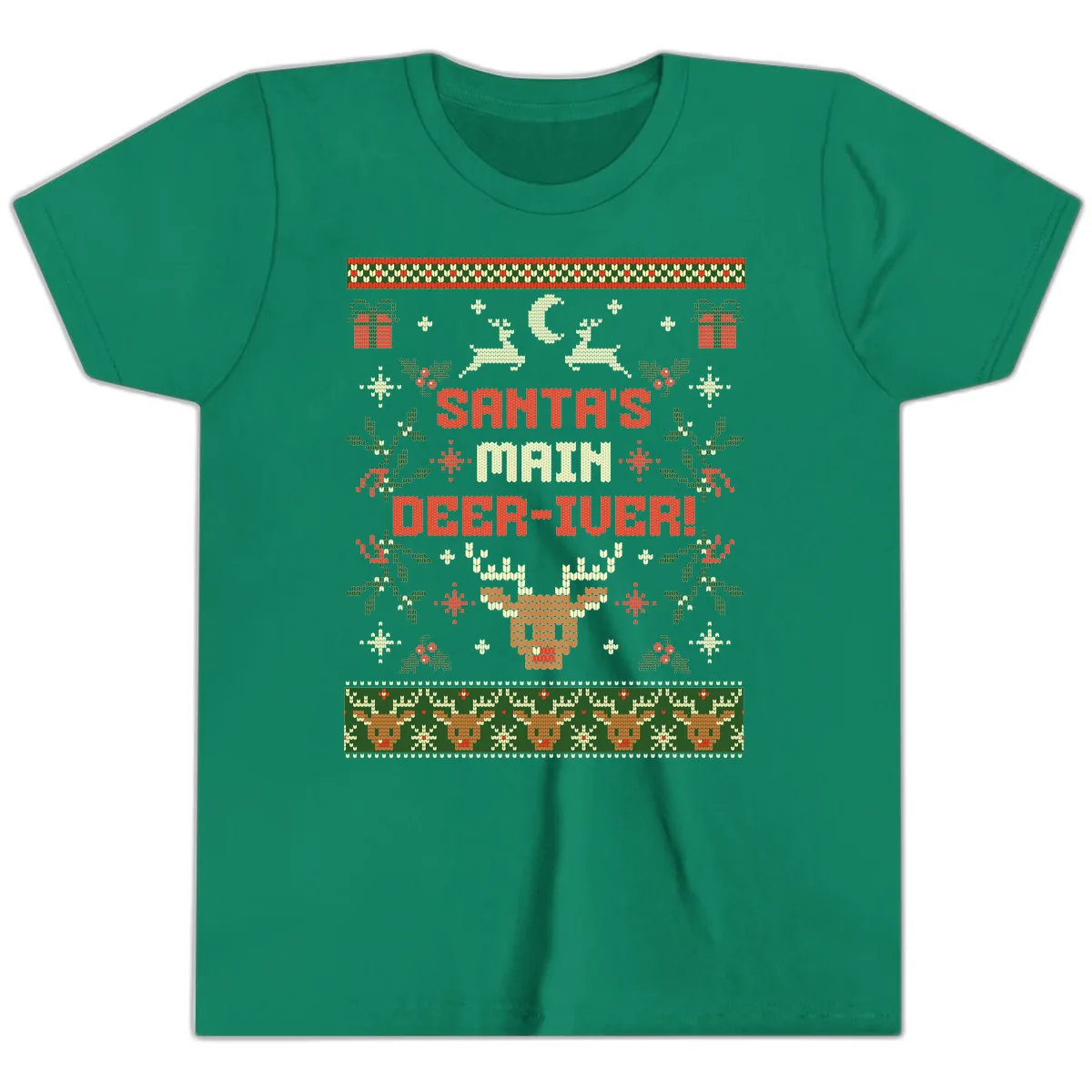 Santa's Main Deer-iver Ugly Christmas Sweater Youth T-Shirt in Kelly
