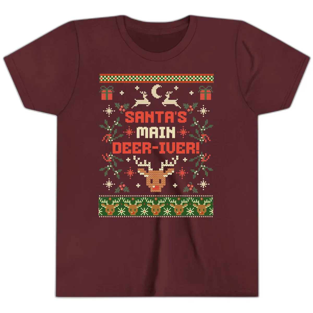 Santa's Main Deer-iver Ugly Christmas Sweater Youth T-Shirt in Maroon