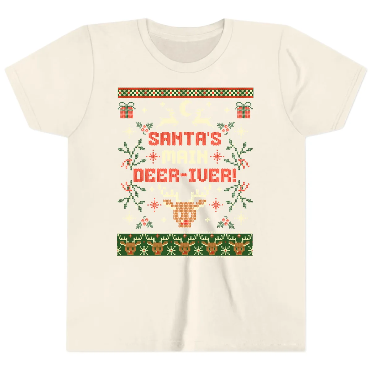 Santa's Main Deer-iver Ugly Christmas Sweater Youth T-Shirt in Natural