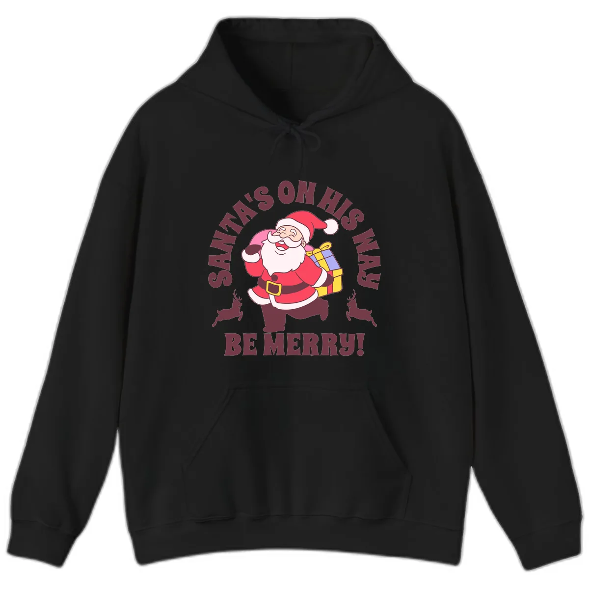 Santa's On His Way Be Merry Hoodie in Black