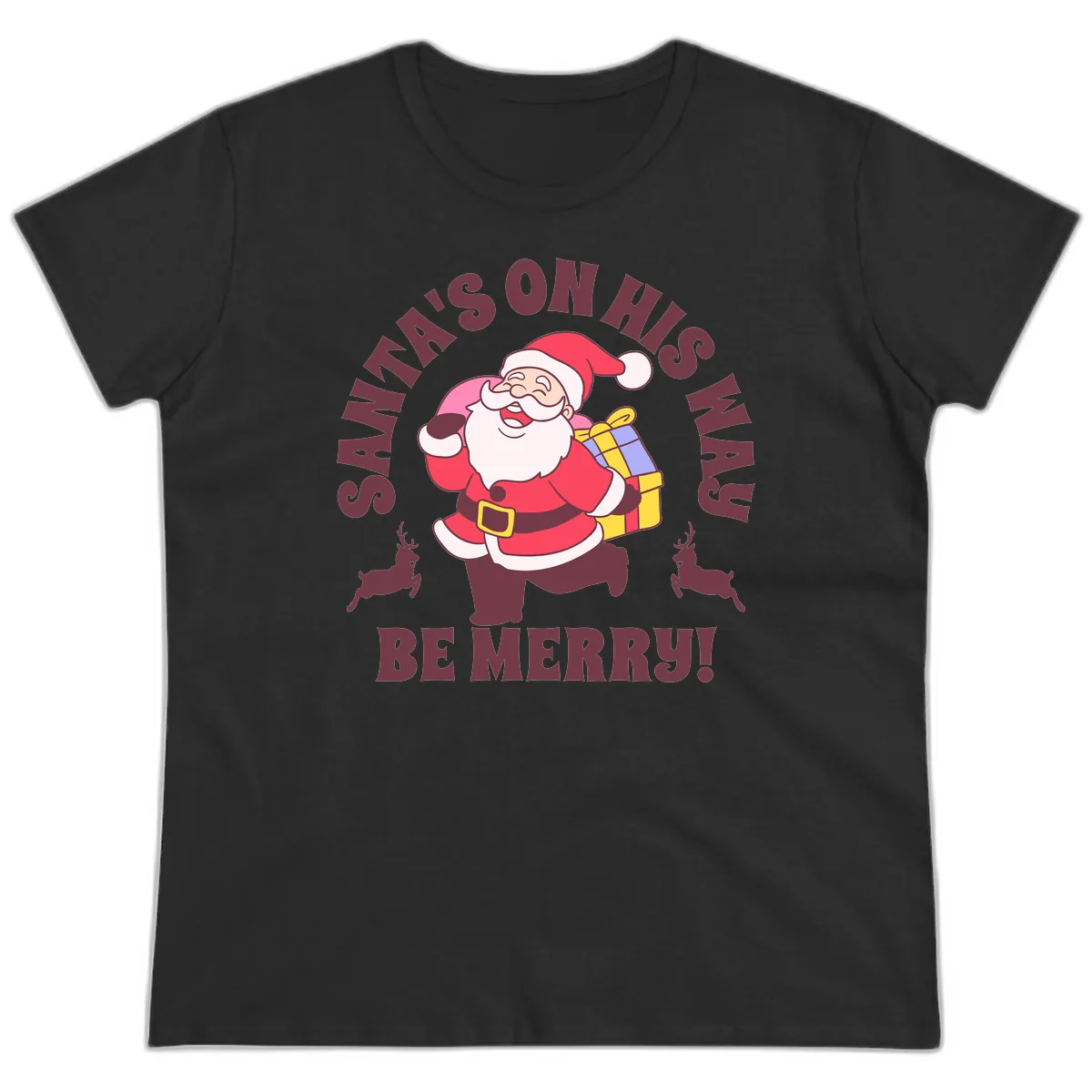 Santa's On His Way Be Merry Ladies Tee in Black