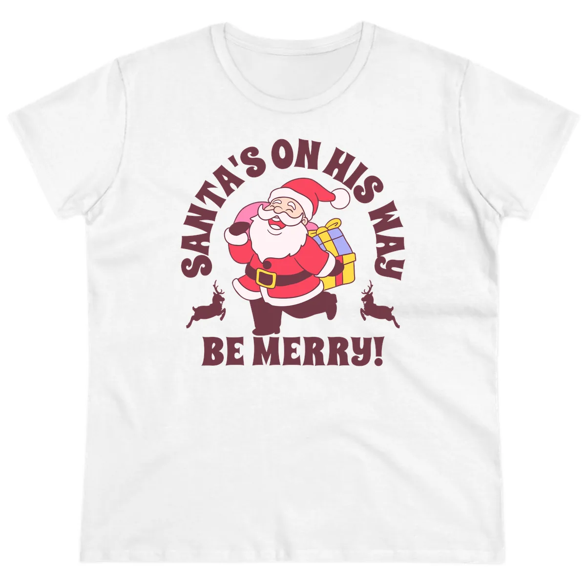 Santa's On His Way Be Merry Ladies Tee in White